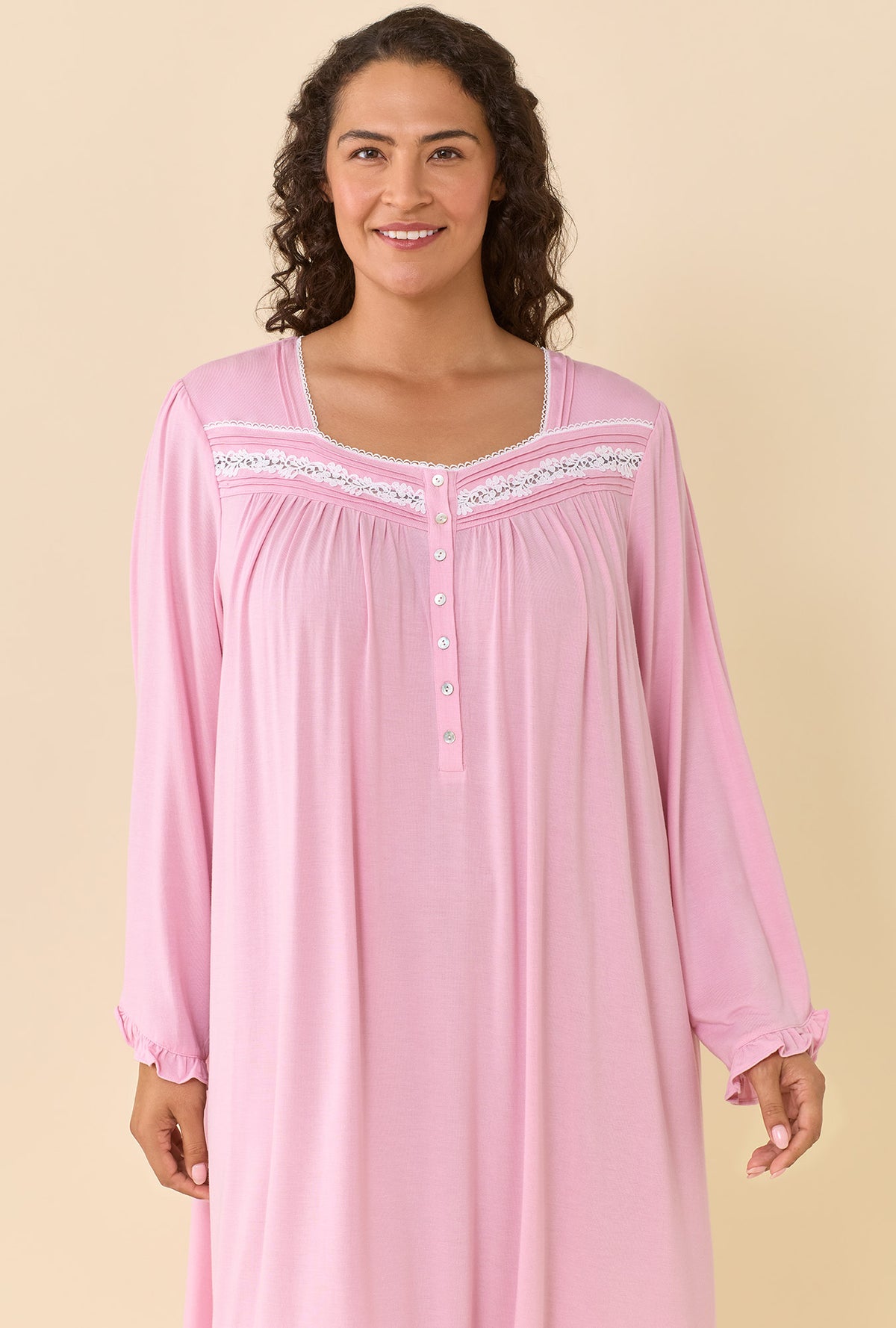 A lady wearing plus size Dusty Rose Long Sleeve Nightgown closer look