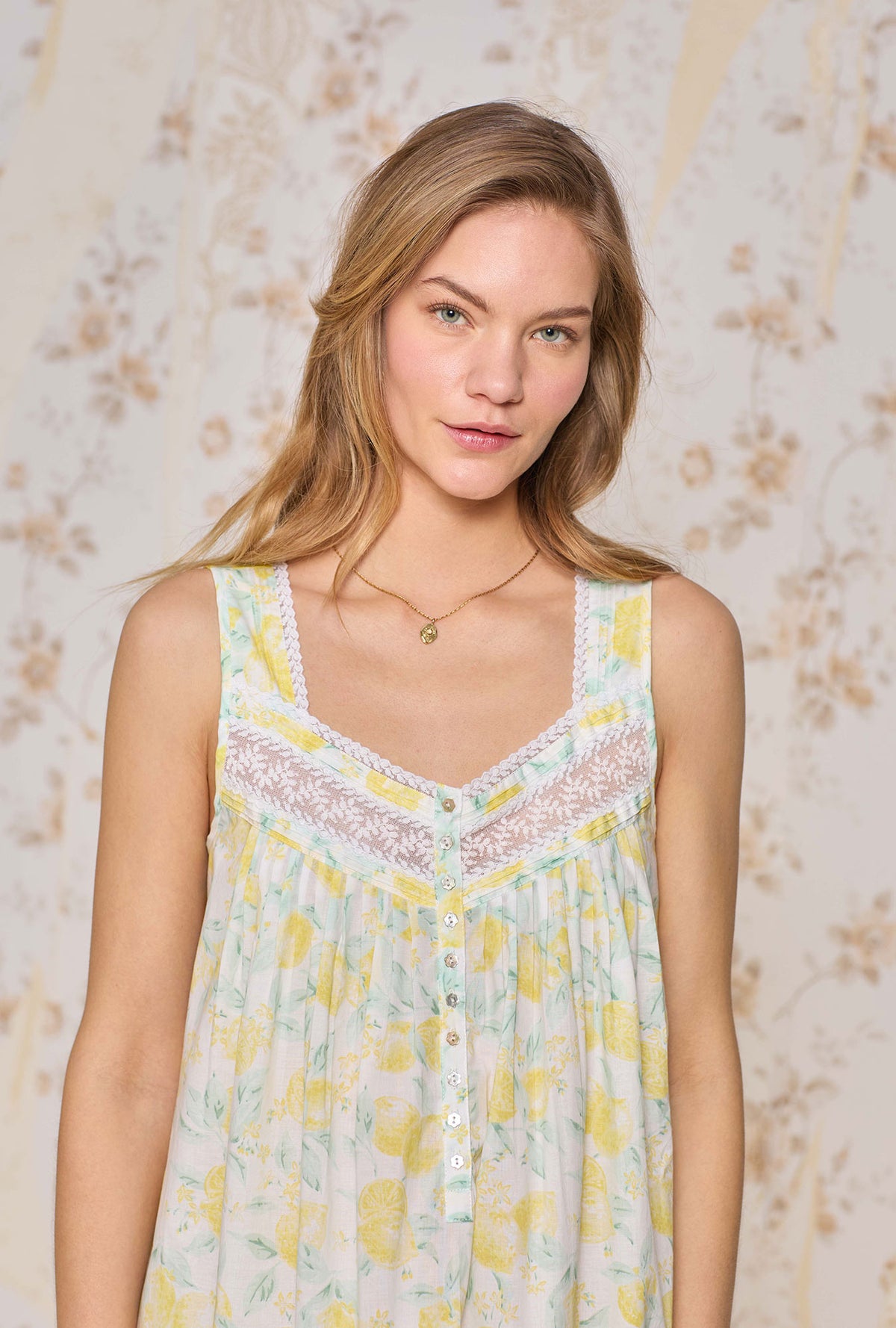 A lady wearing The &quot;Eileen&quot; Limoncello Cotton Lawn Ballet Nightgown