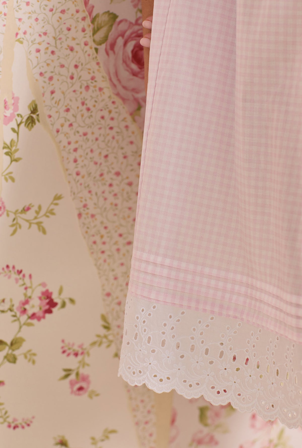 A Lady Wearing Pink Gingham Cotton Lawn Chemise Detail Close up view