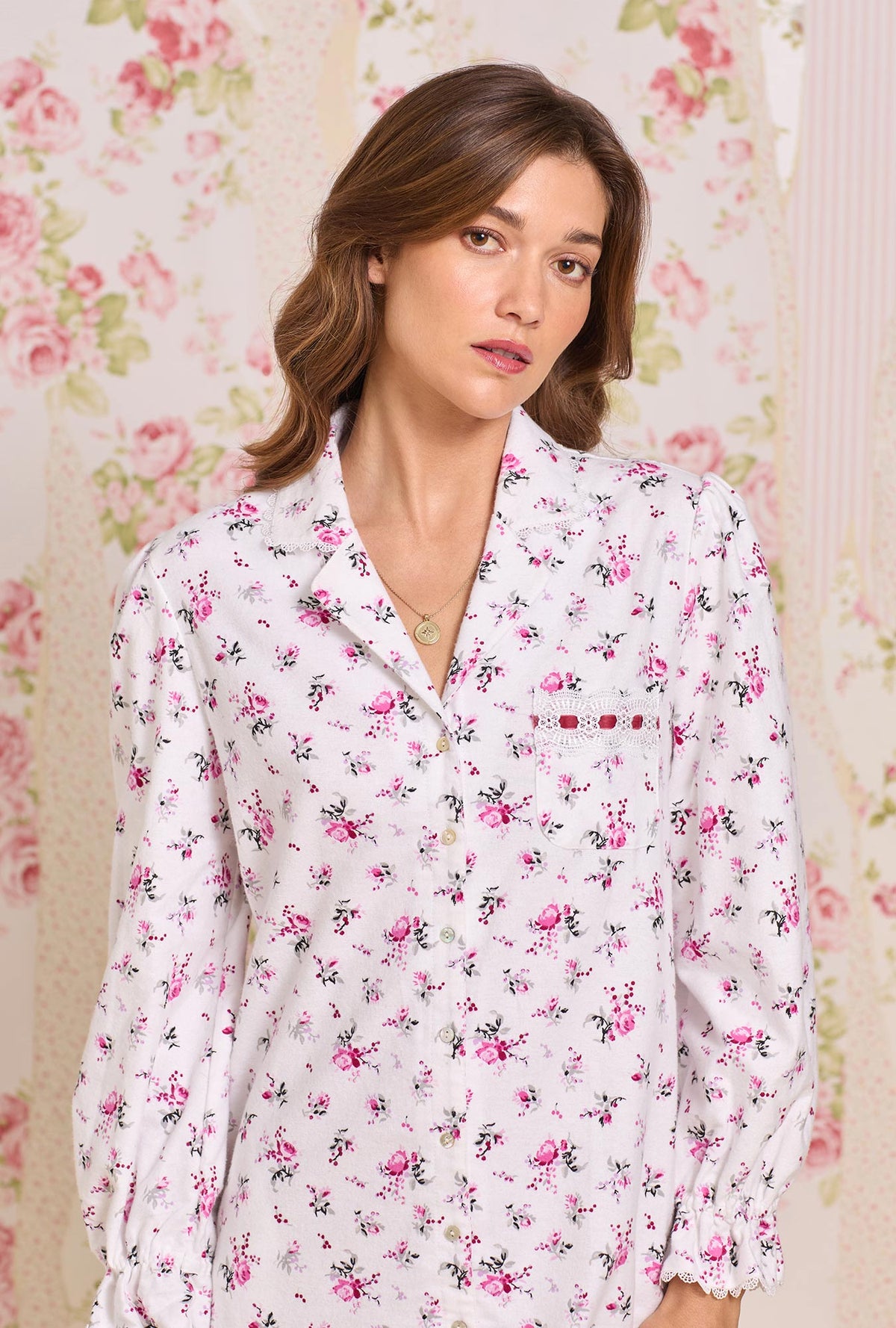 A lady wearing Winter Rosette Cotton Flannel Long Sleeve Nightshirt