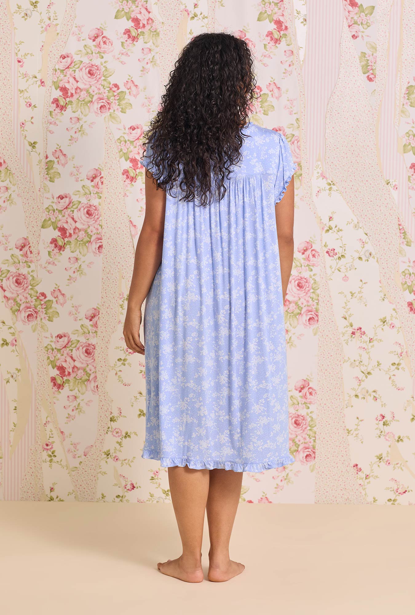 a lady wearing Cornflower Toile Modal Jersey Cap Sleeve Waltz Nightgown