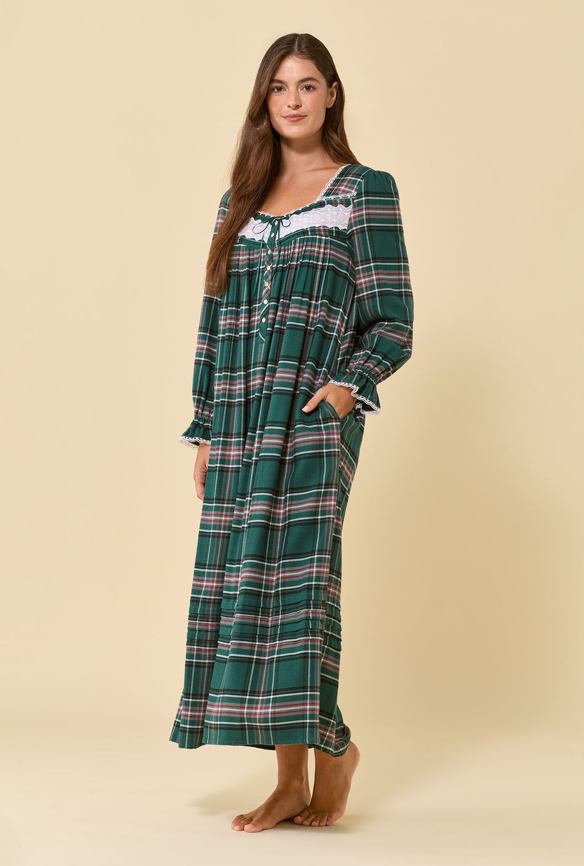 A lady wearing Cedar Plaid 100% Cotton Flannel Long Sleeve Ballet Nightgown