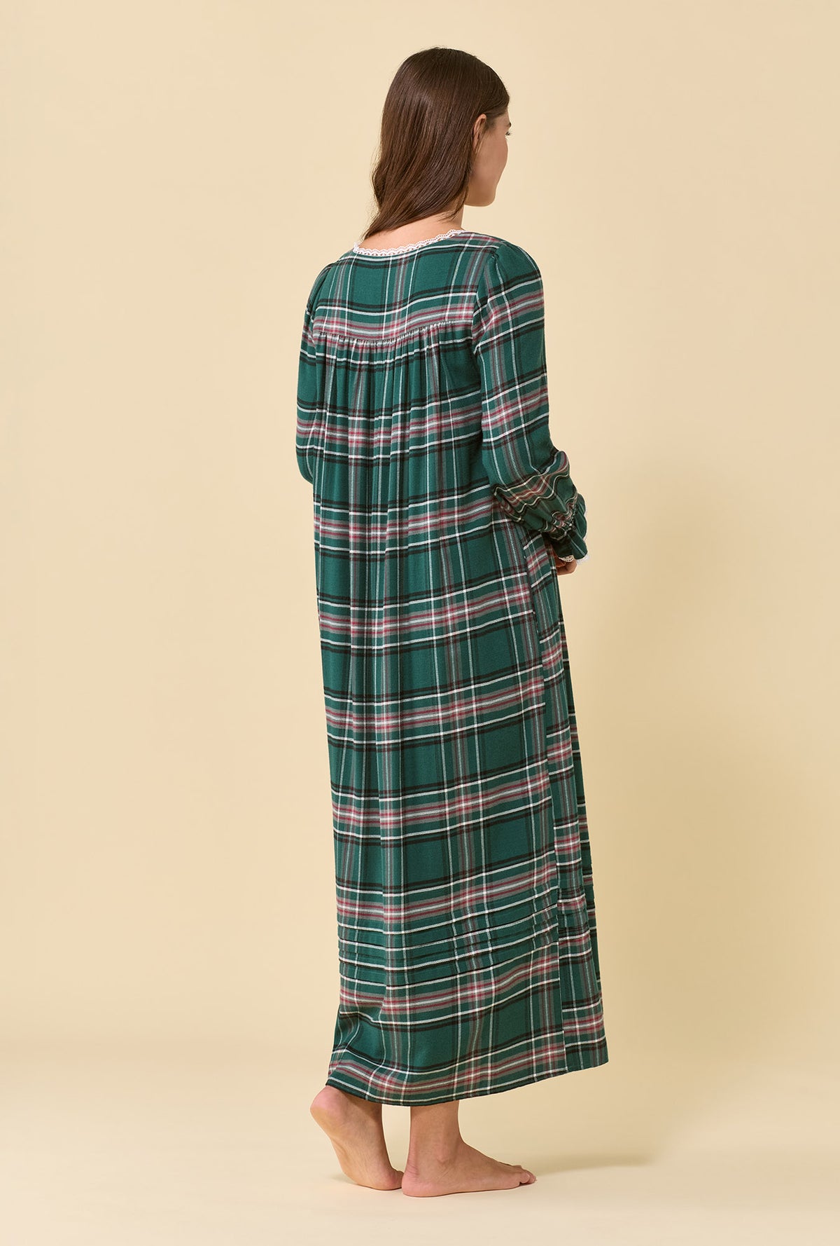 A lady wearing Cedar Plaid 100% Cotton Flannel Long Sleeve Ballet Nightgown