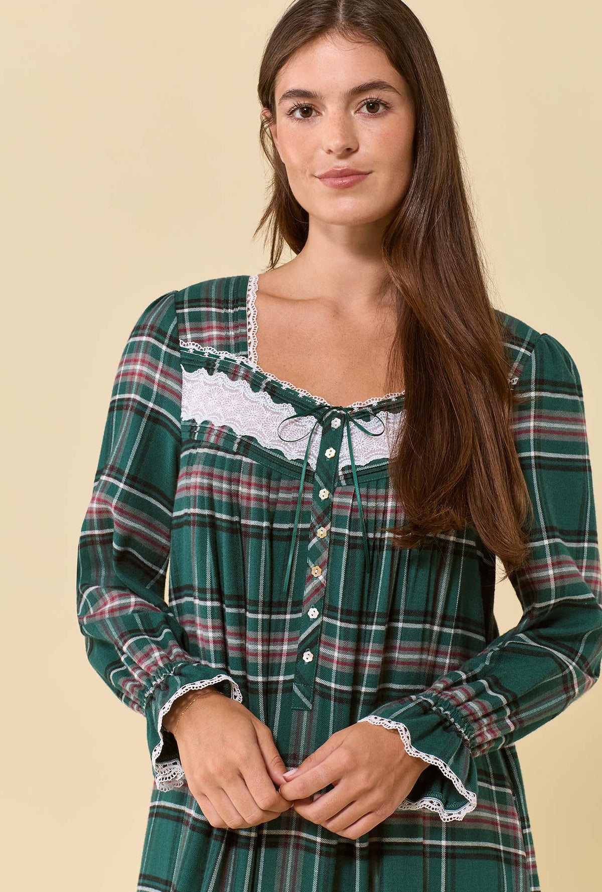 A lady wearing Cedar Plaid 100% Cotton Flannel Long Sleeve Ballet Nightgown