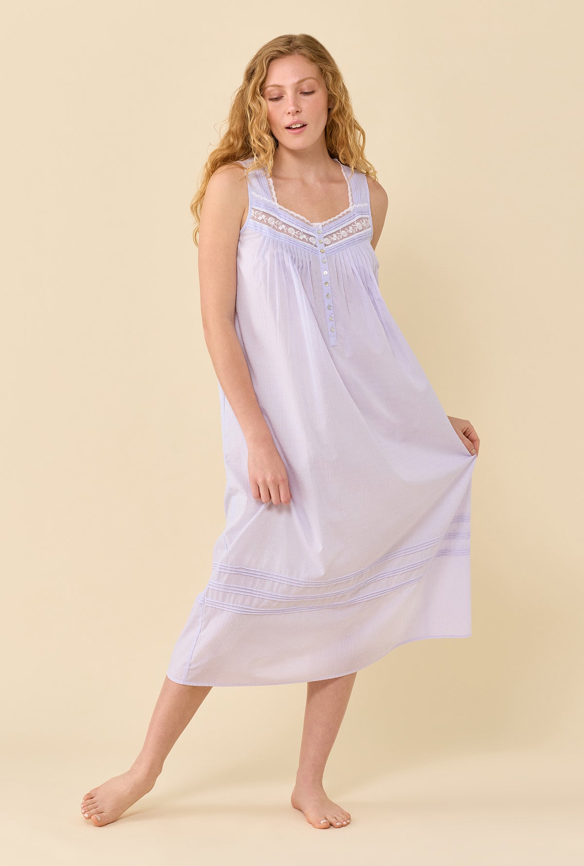 A Lady Wearing Wild Lavender The Eileen Swiss Dot Nightgown in a front view look