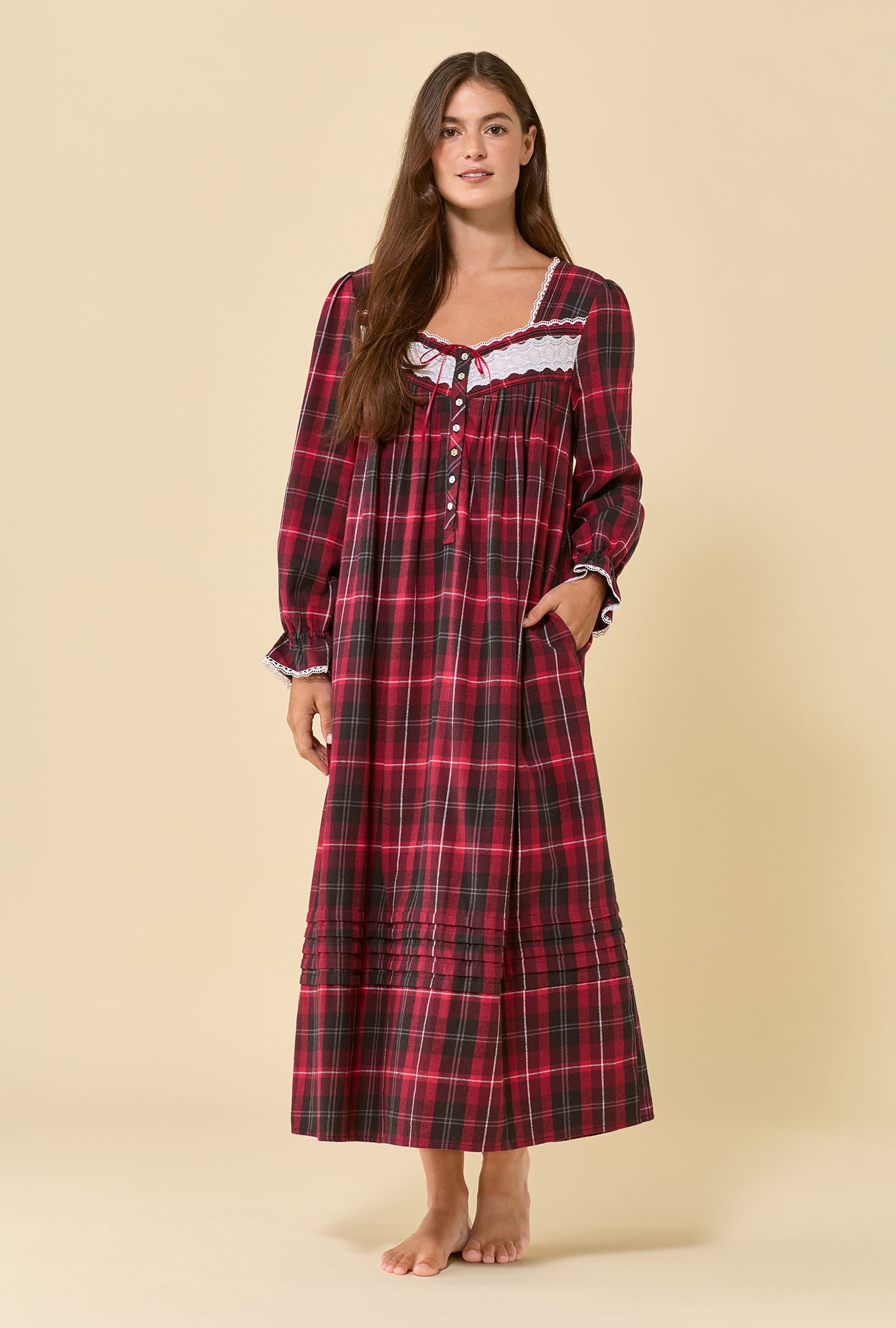 Rosewood Plaid 100% Cotton Flannel Long Sleeve Ballet Nightgown