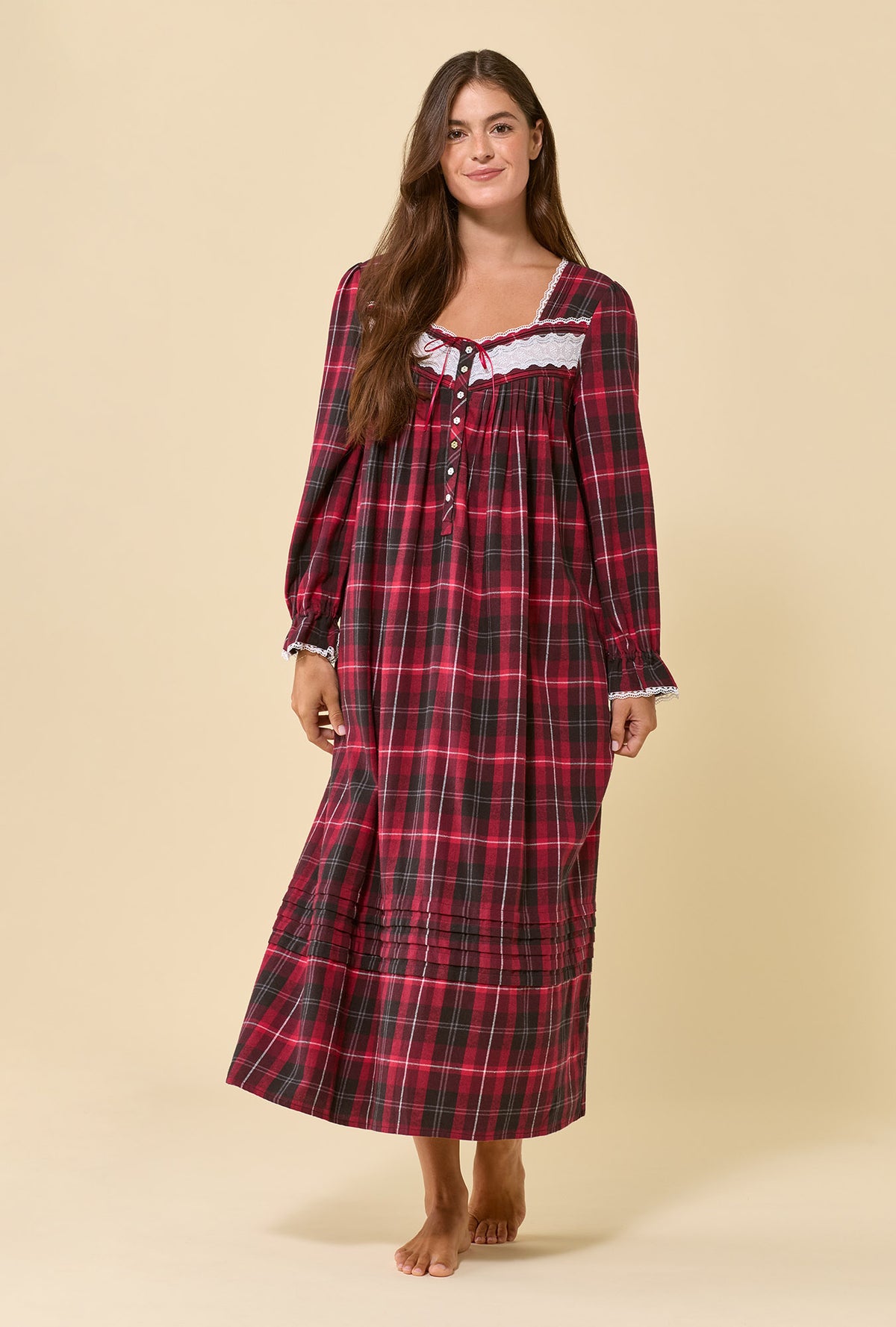 Rosewood Plaid 100% Cotton Flannel Long Sleeve Ballet Nightgown