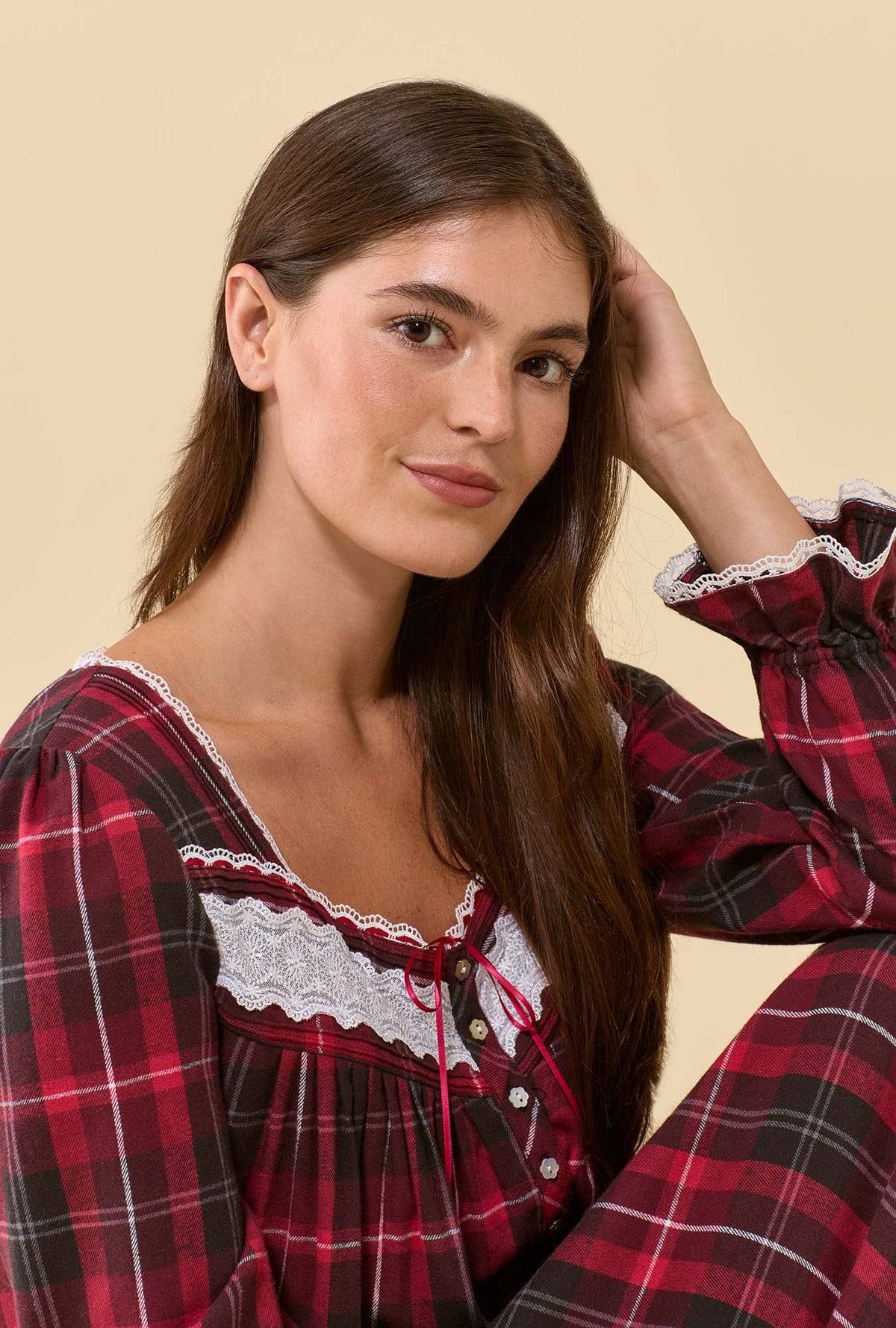 Rosewood Plaid 100% Cotton Flannel Long Sleeve Ballet Nightgown