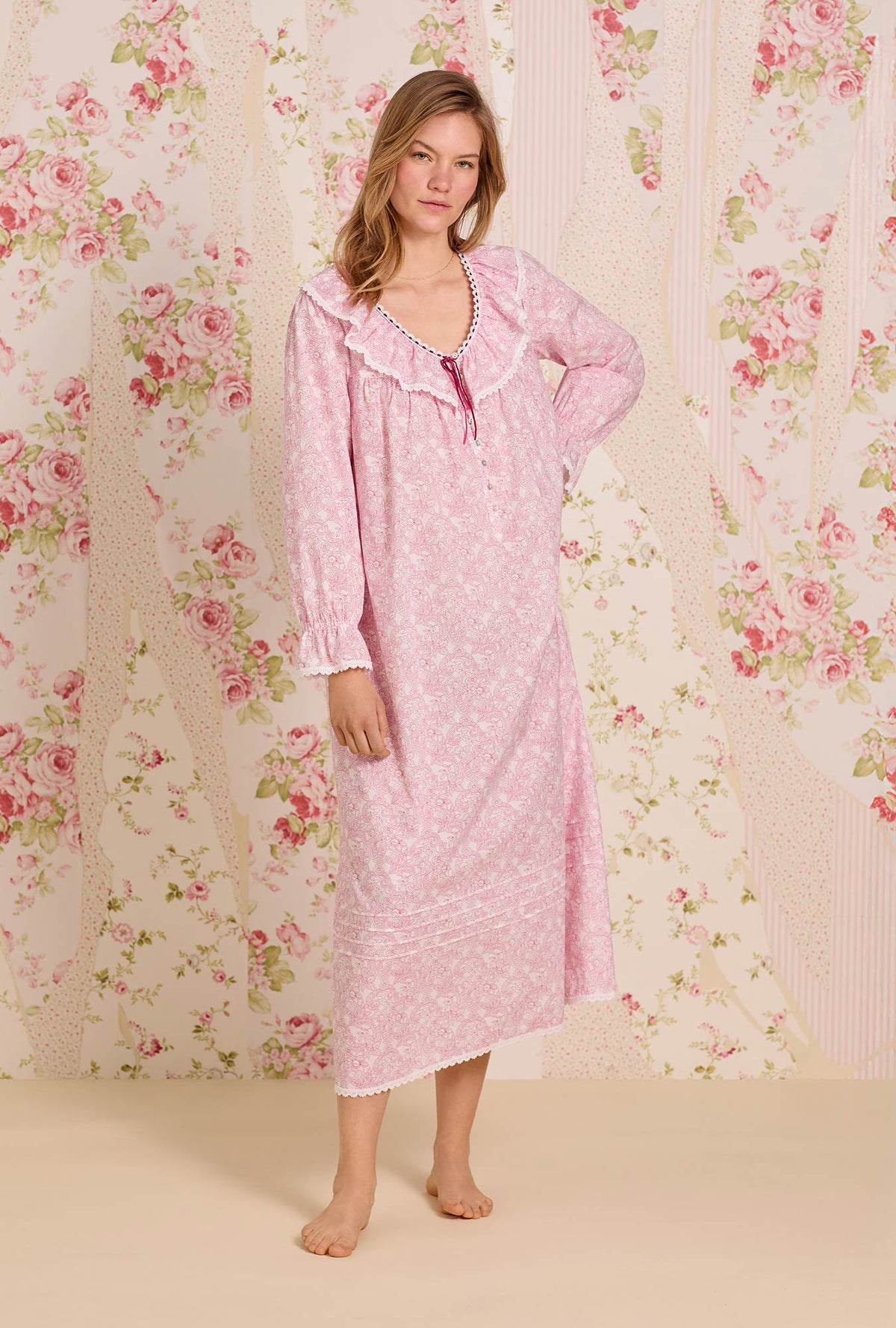 A lady wearing The "Clara" Cameo Garden Cotton Lawn Nightdress