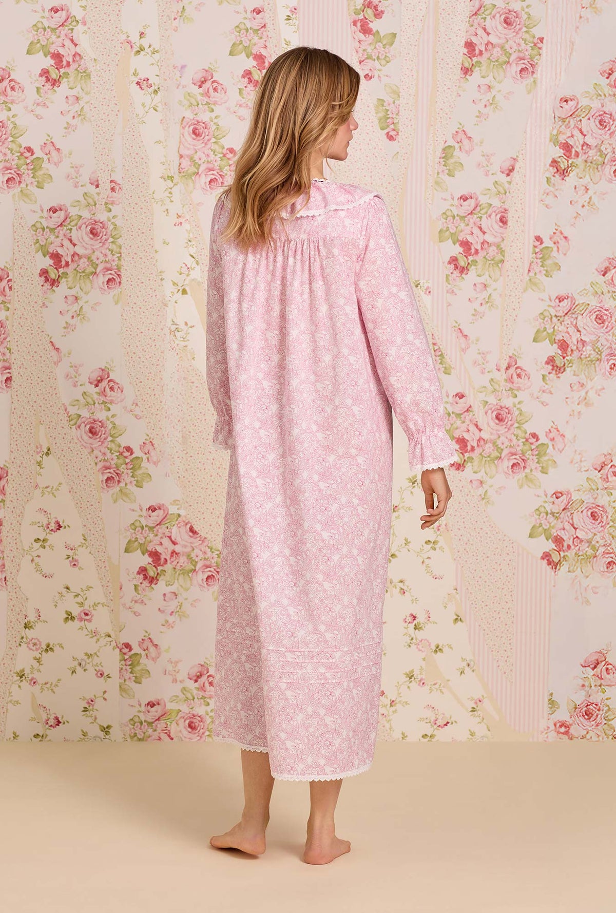 A lady wearing The "Clara" Cameo Garden Cotton Lawn Nightdress
