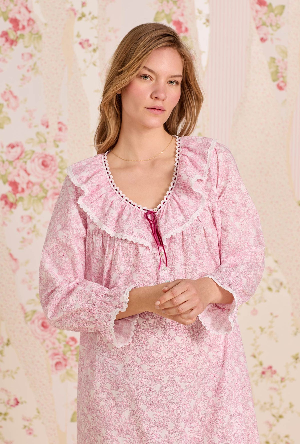 A lady wearing The "Clara" Cameo Garden Cotton Lawn Nightdress