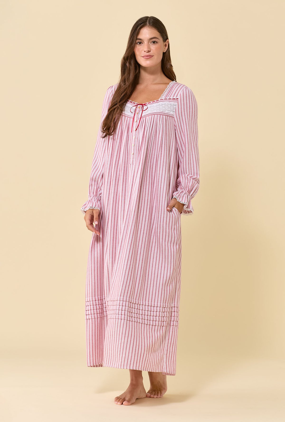 Cranberry Stripe 100% Cotton Flannel Long Sleeve Ballet Nightgown