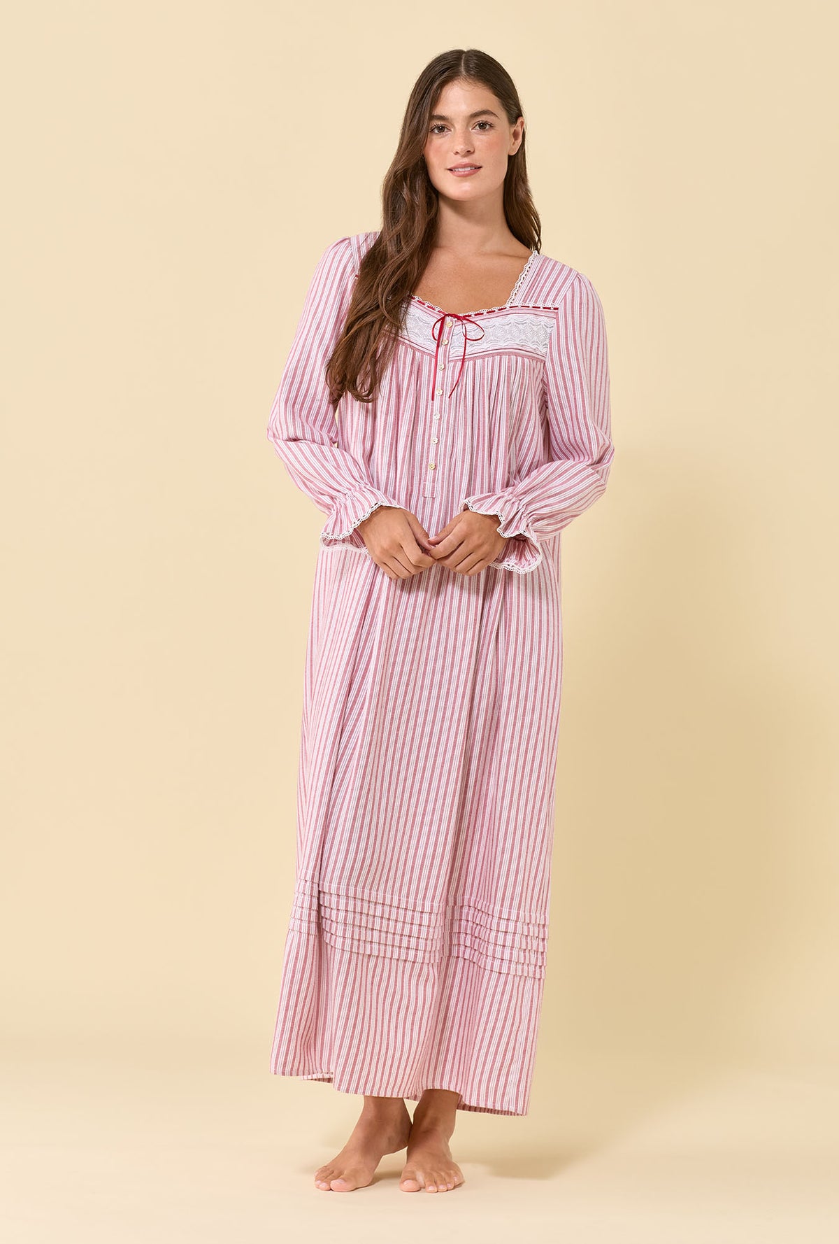 Cranberry Stripe 100% Cotton Flannel Long Sleeve Ballet Nightgown