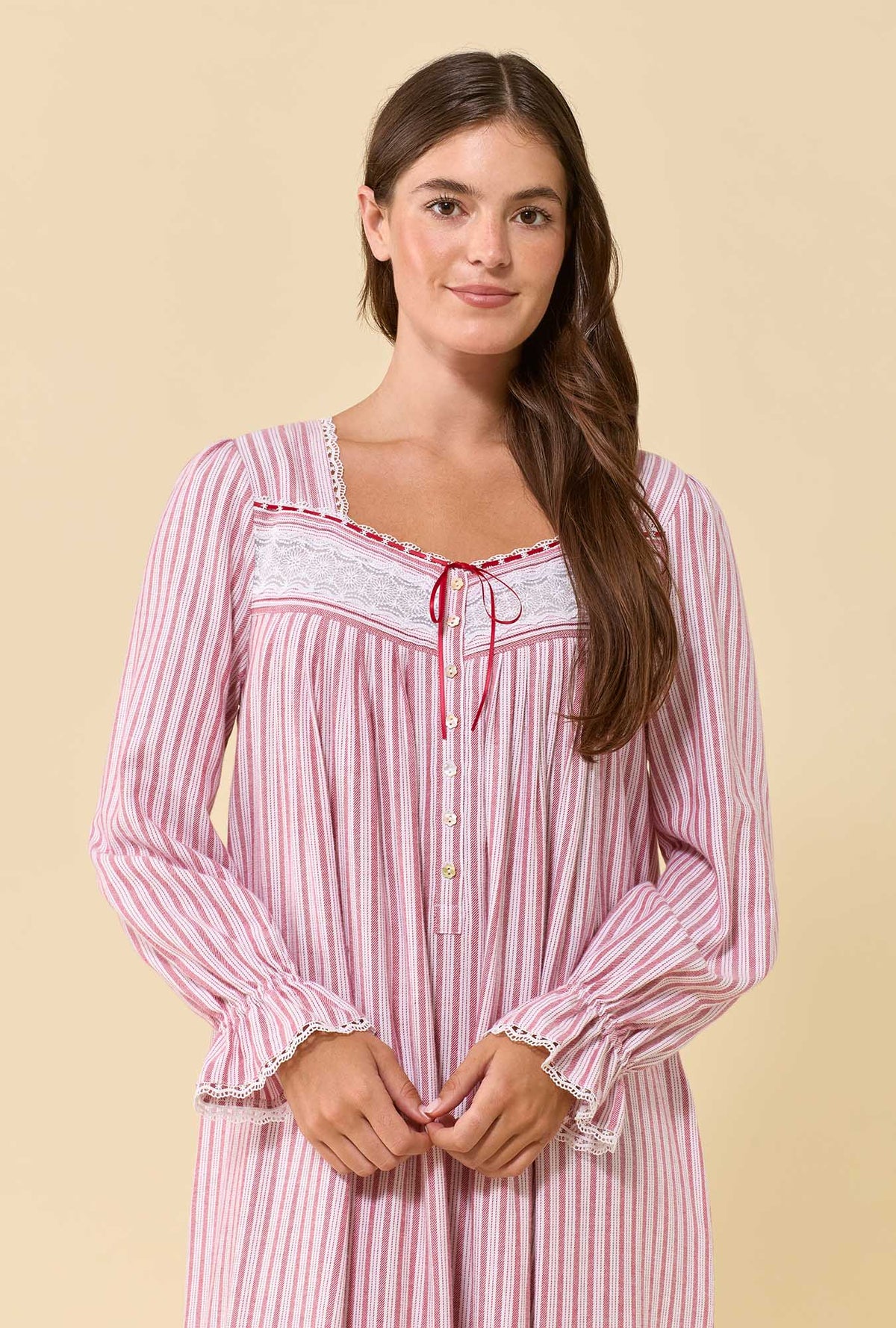 Cranberry Stripe 100% Cotton Flannel Long Sleeve Ballet Nightgown