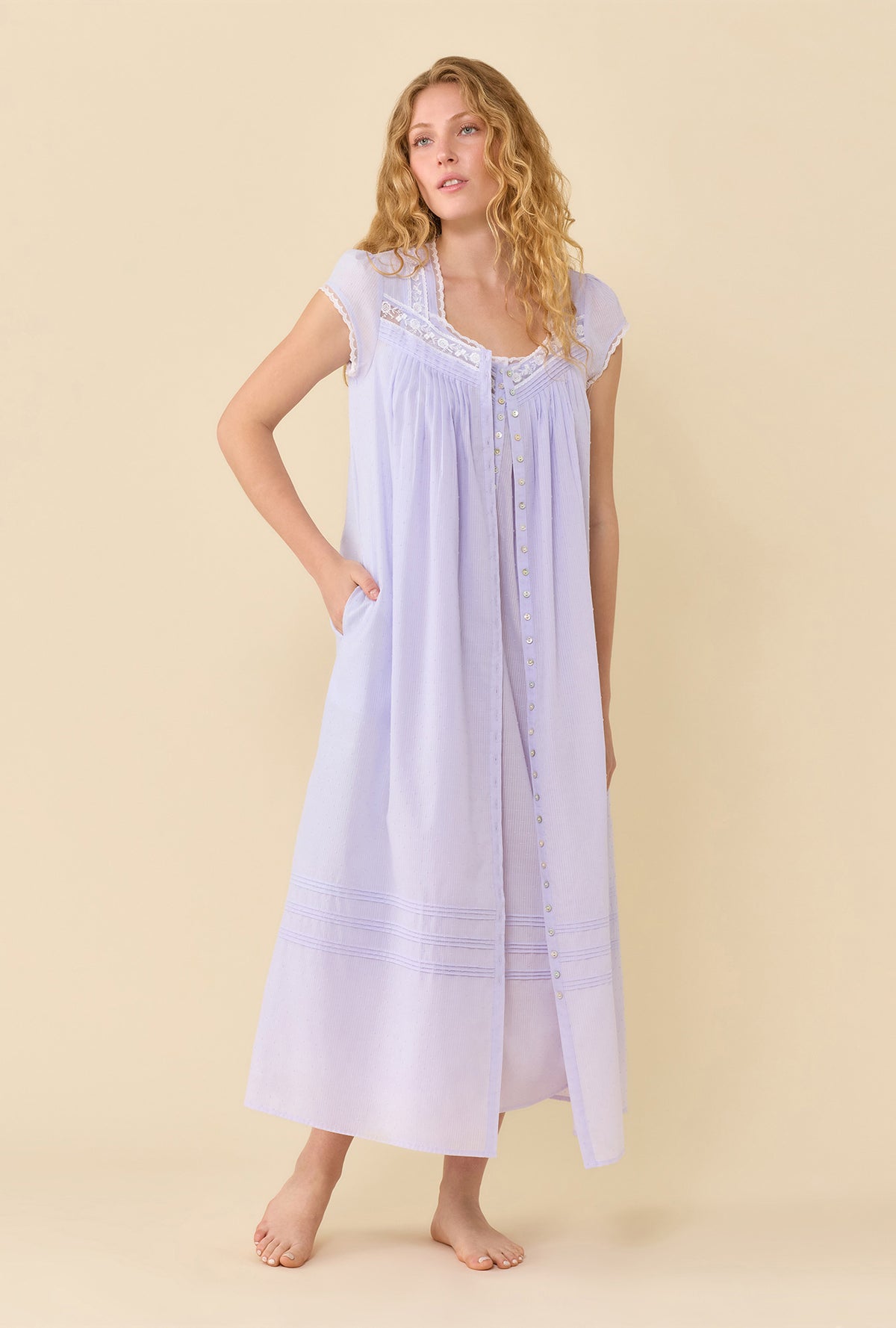 A lady wearing Swiss Dot Robe Wild Lavender 