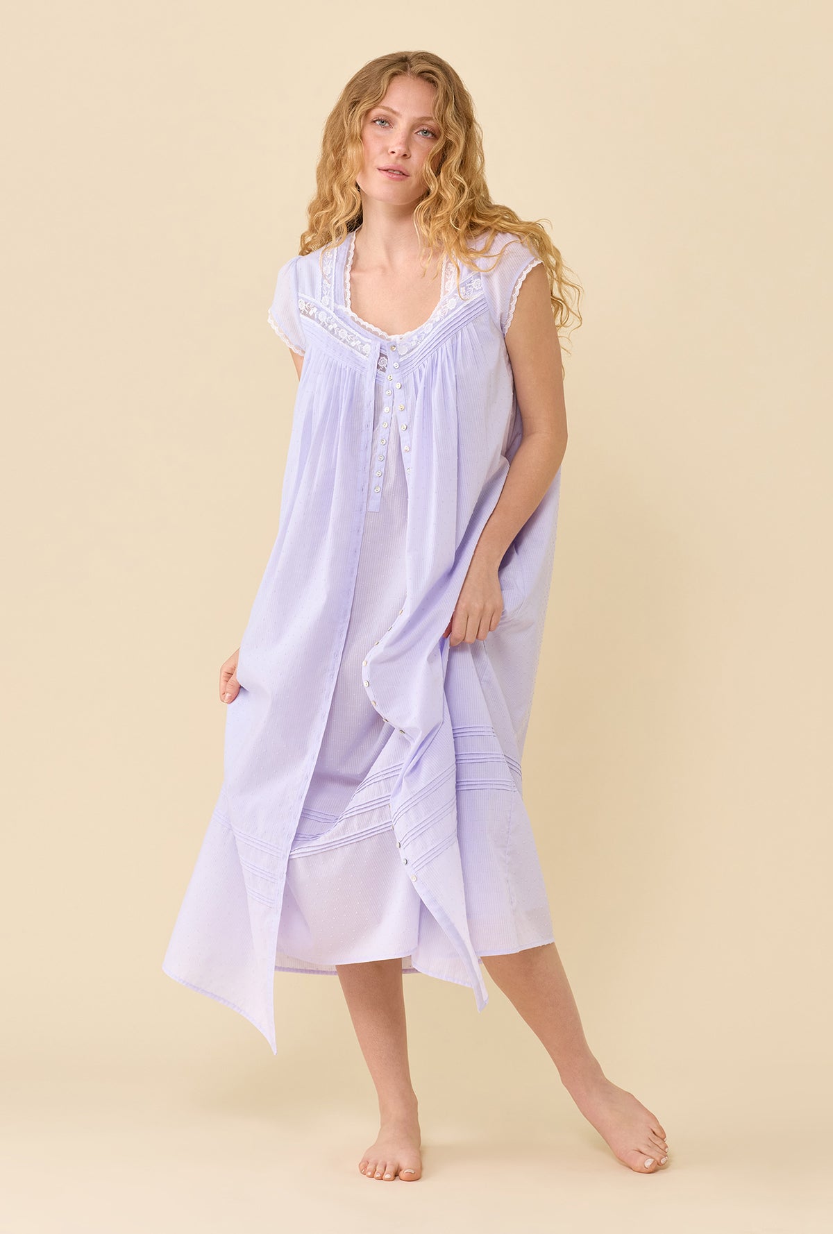 A lady wearing Swiss Dot Robe Wild Lavender looking front