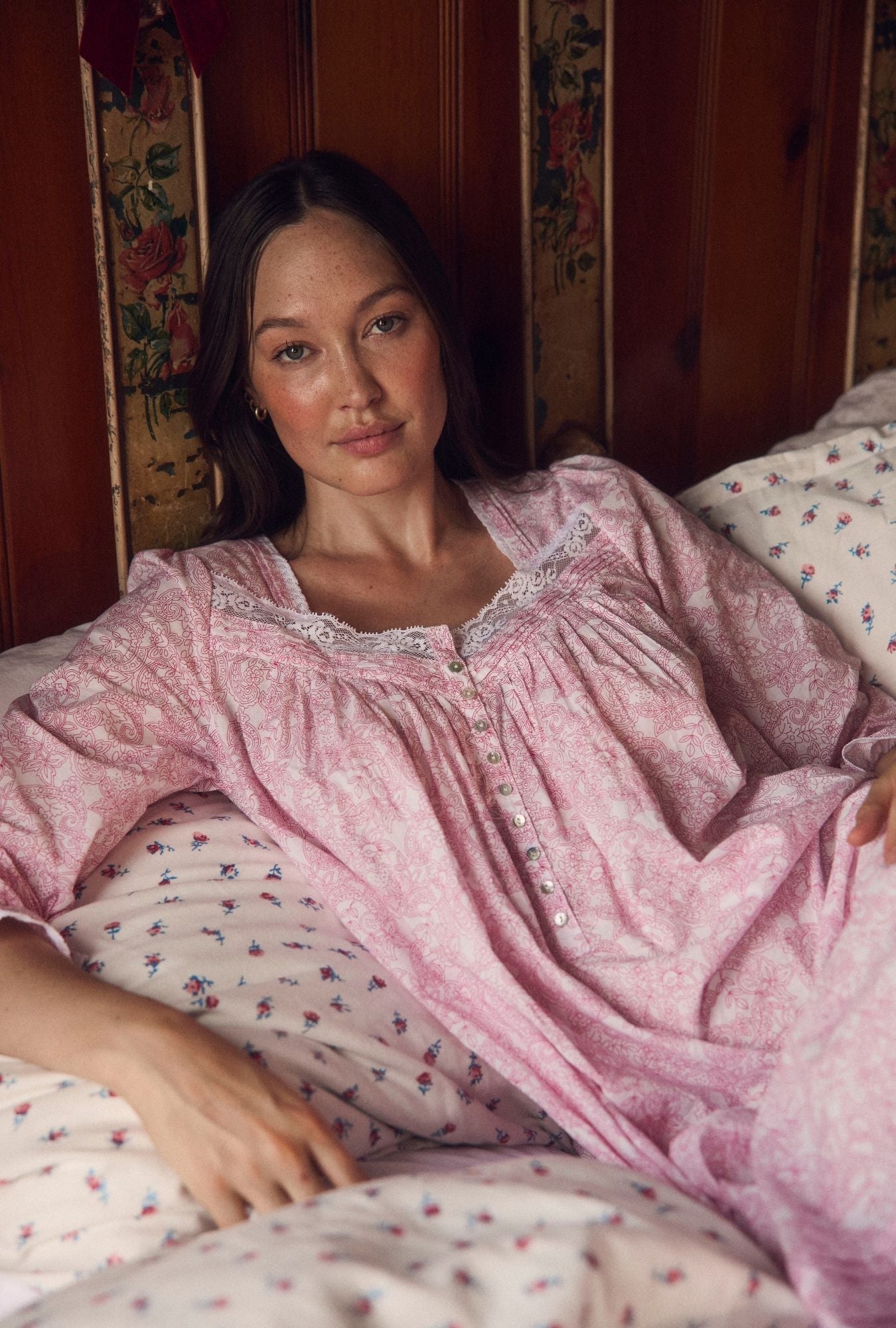A Lady wearing Cameo Garden Cotton Lawn Long Sleeve Ballet Nightgown
