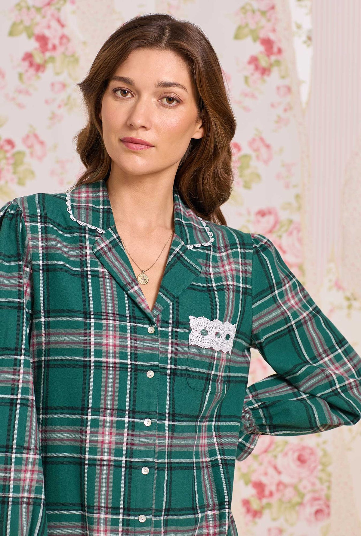 Evergreen Plaid Cotton Flannel Long Sleeve Nightshirt