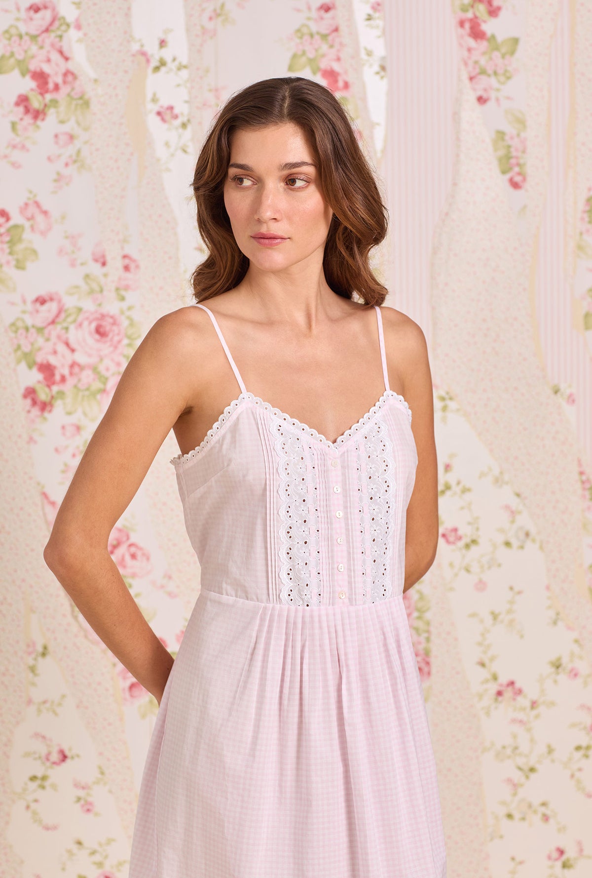 A lady wearing The "Evie" Pink Gingham Cotton Lawn Ballet Nightgown looking Close