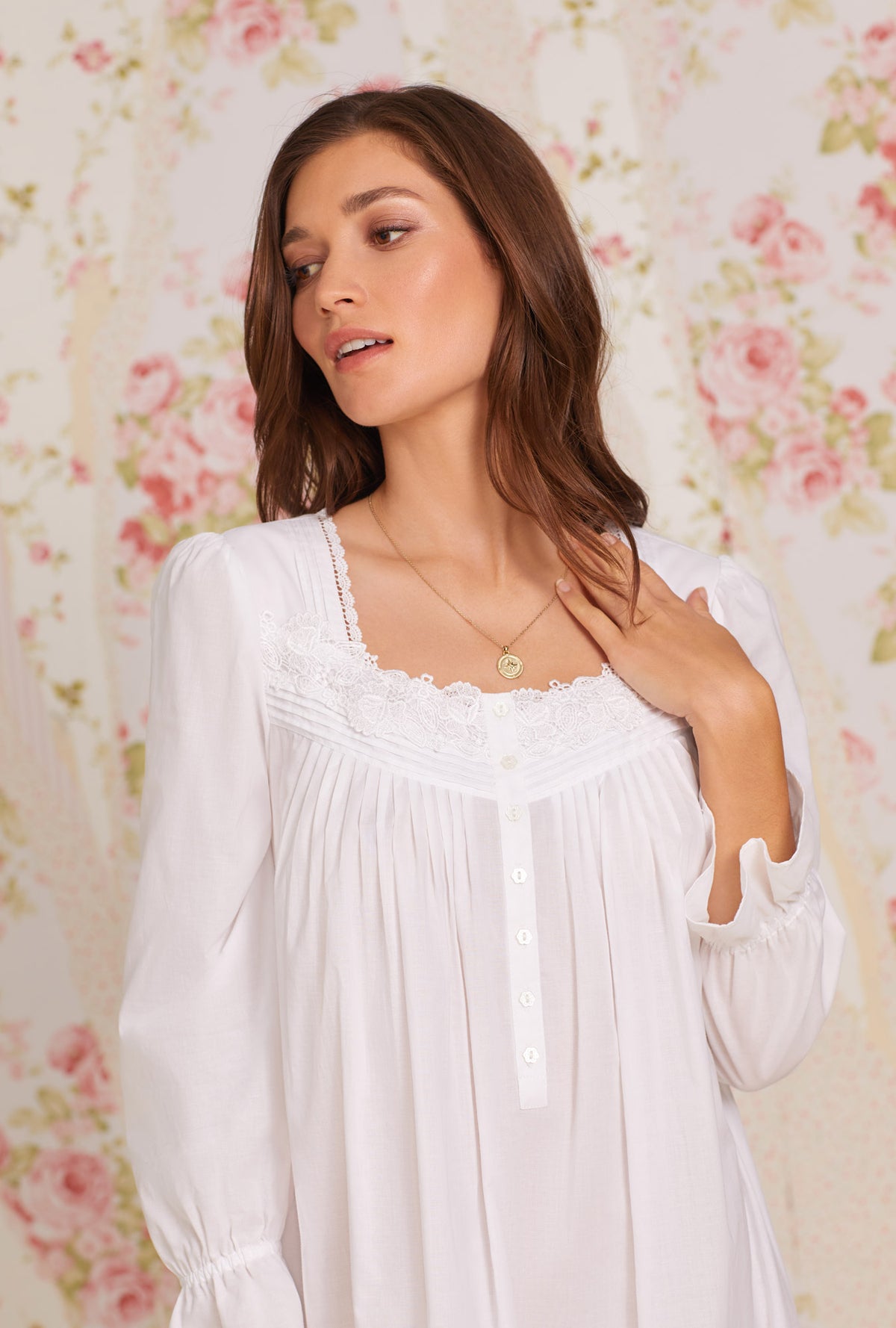 A lady wearing white Long Sleeve Cotton Nightgown with Calla Lily print
