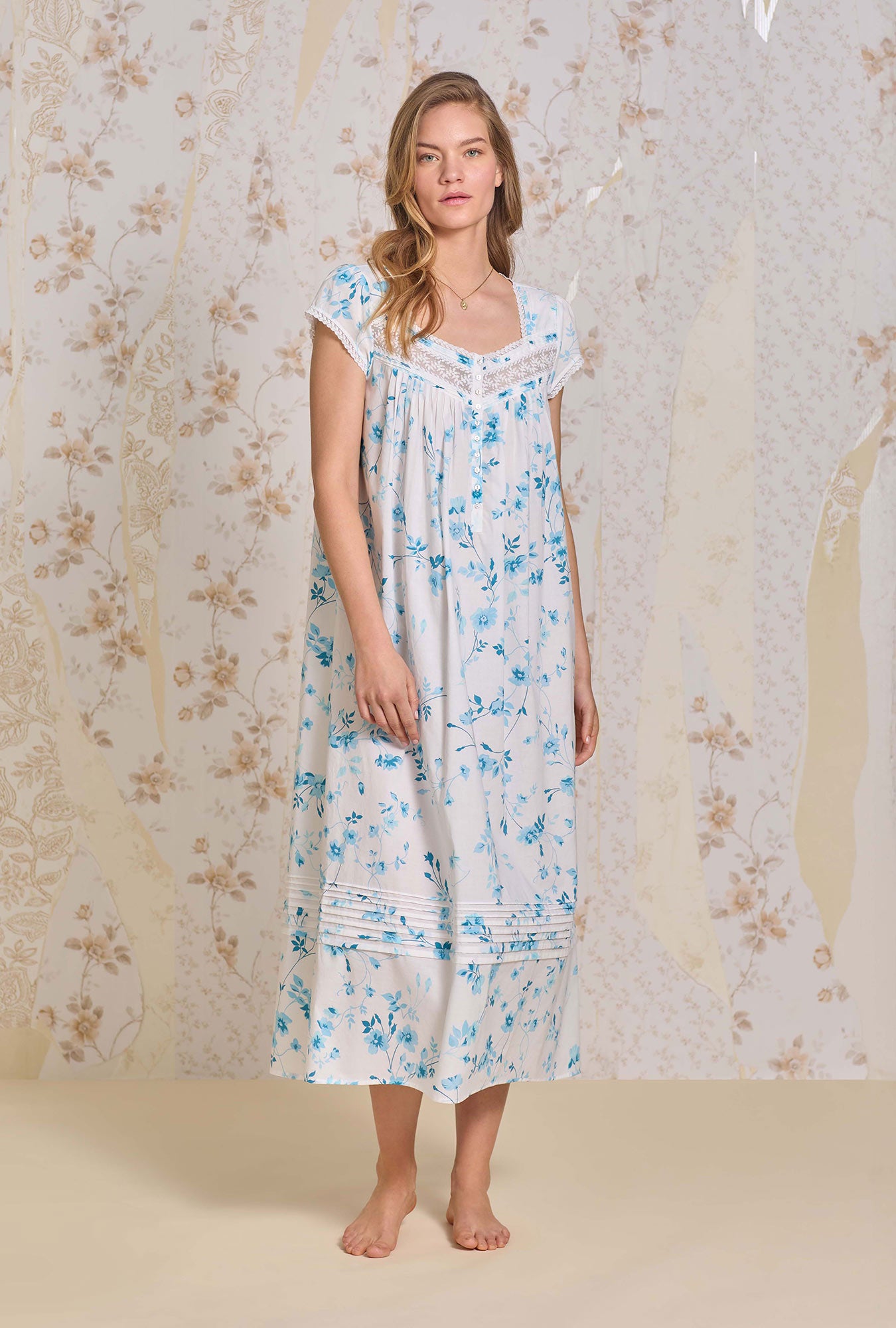 A lady wearing Aqua Dream Cotton Lawn Ballet Nightgown