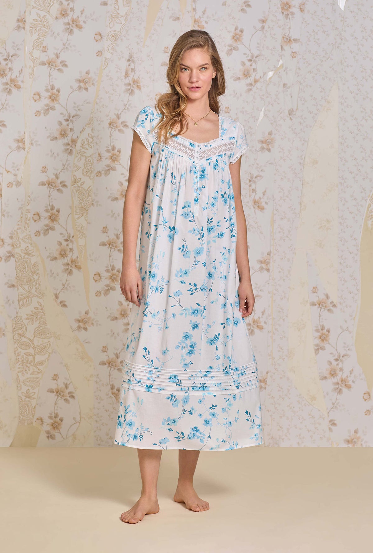 A lady wearing Aqua Dream Cotton Lawn Ballet Nightgown