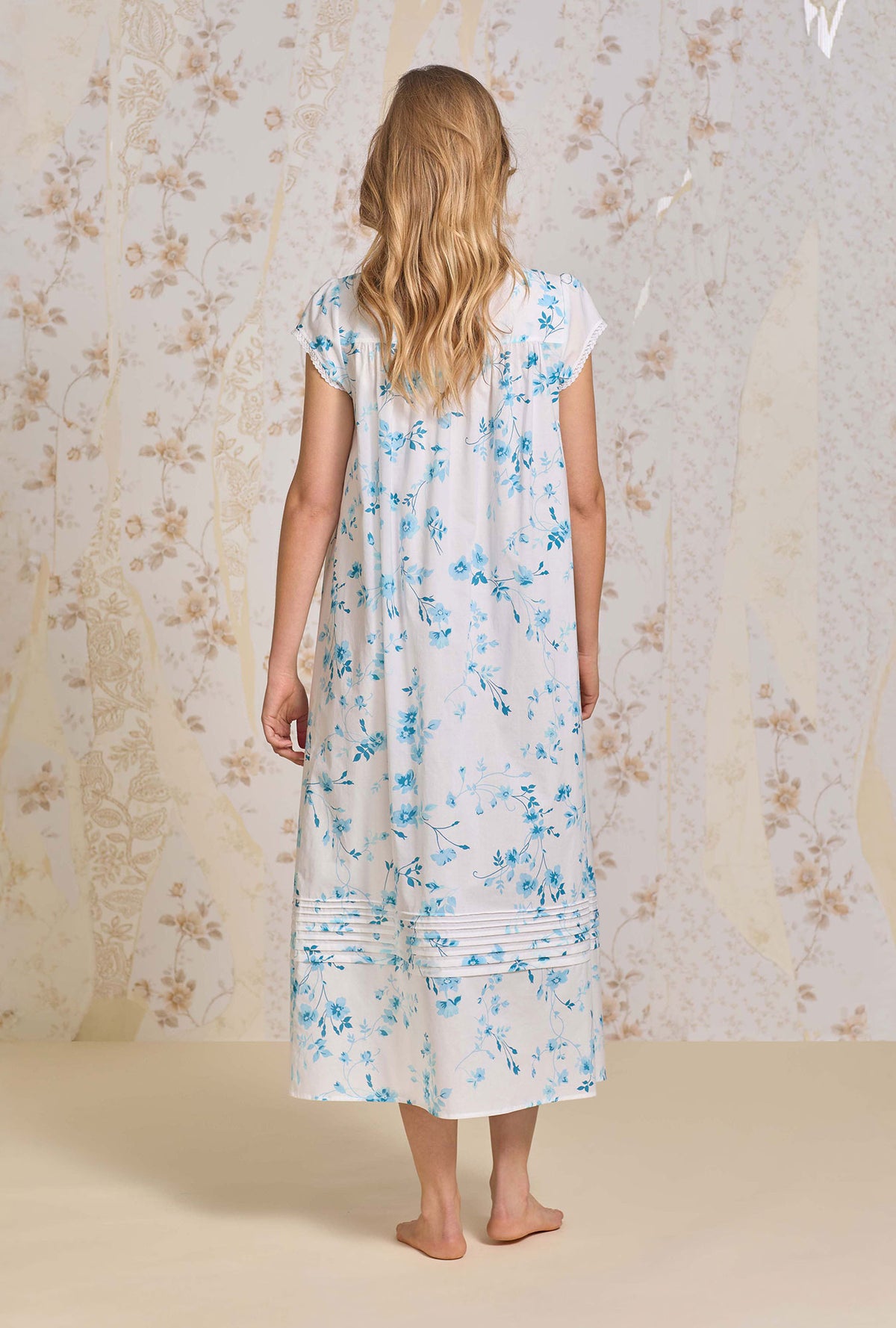 A lady wearing Aqua Dream Cotton Lawn Ballet Nightgown