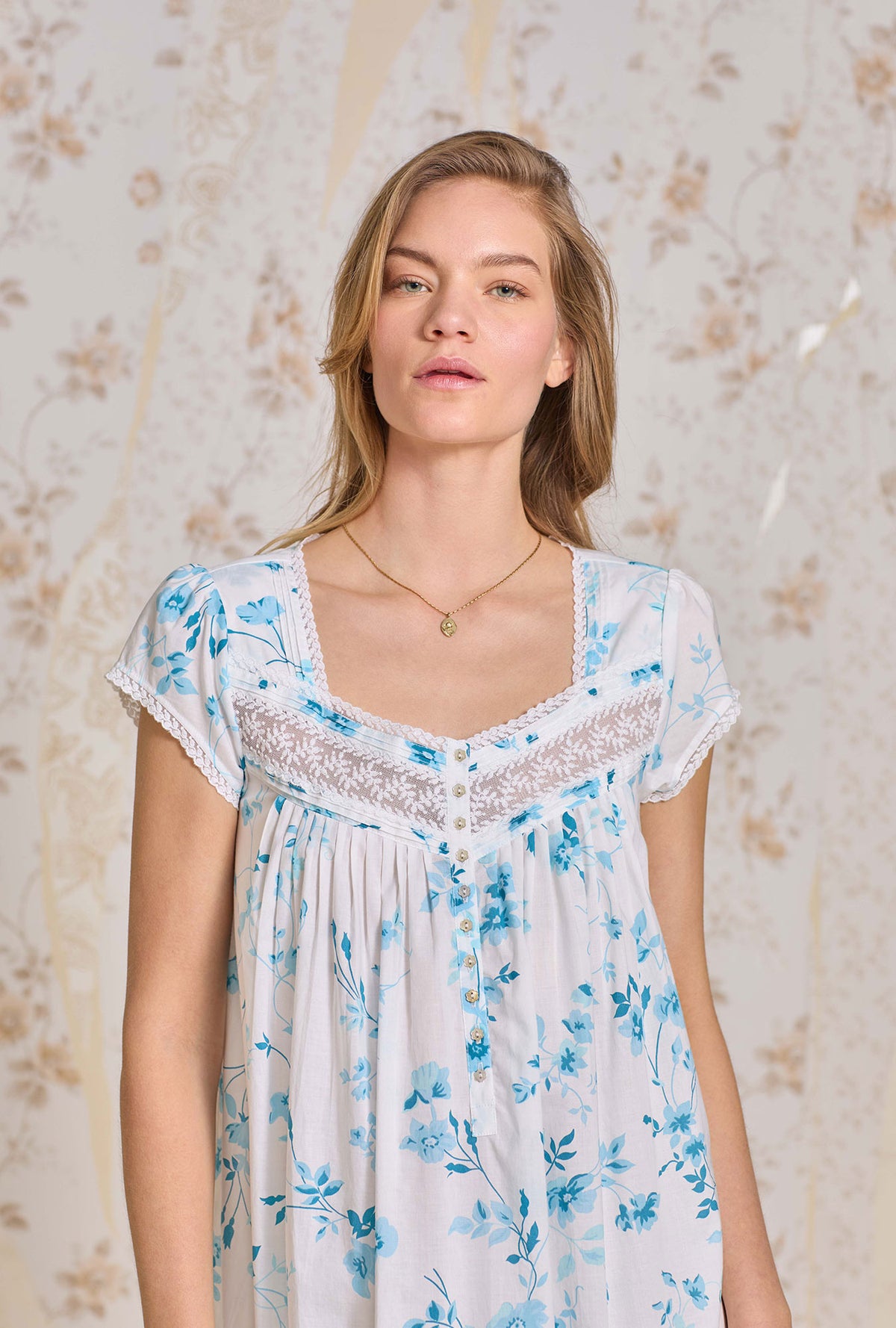 A lady wearing Aqua Dream Cotton Lawn Ballet Nightgown
