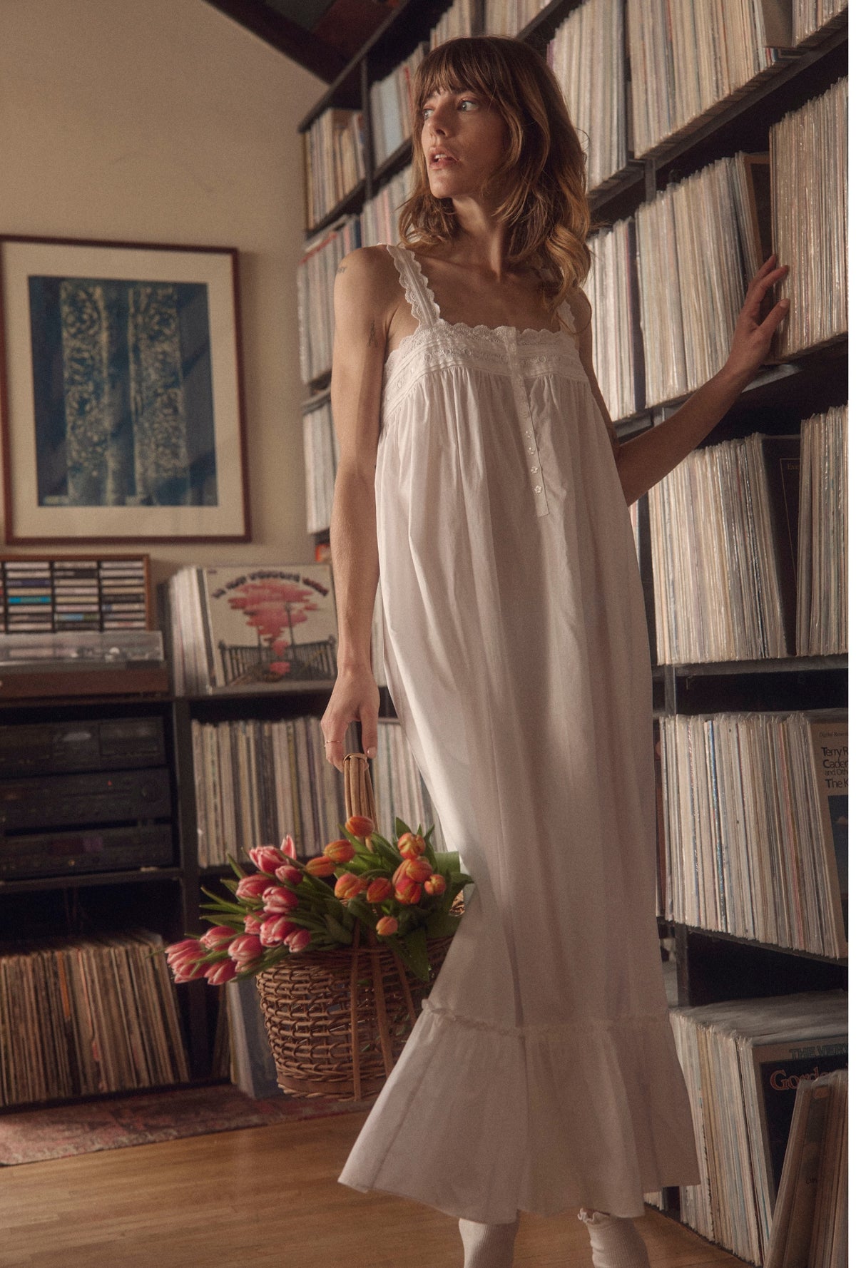 A lady wearing The &quot;Kayla&quot; Iconic White Cotton Lawn Nightgown