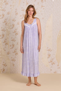 A lady wearing The "Eileen" Meadow Lace Tencel ™ Modal Ballet Nightgown