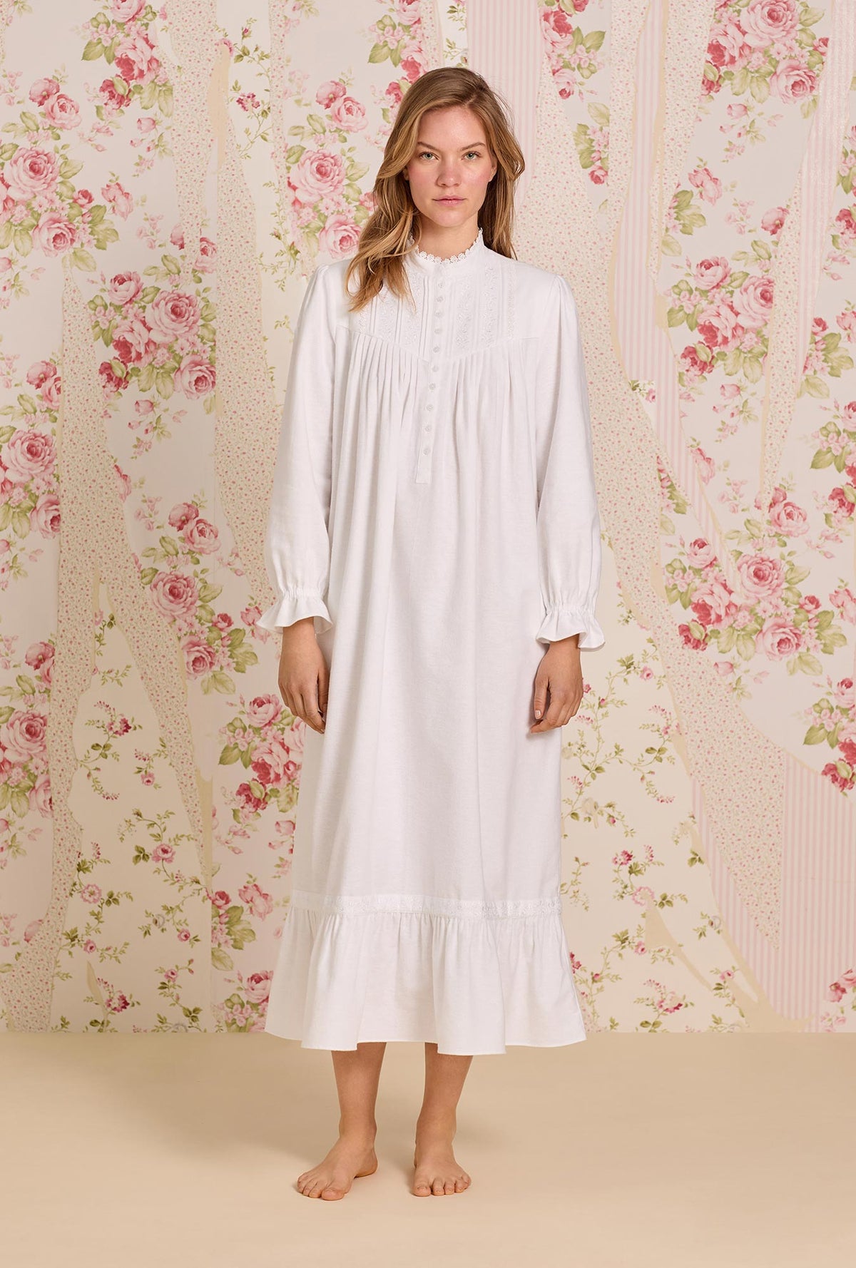 A lady wearing Iconic White Heritage Cotton Flannel Embroidery Highneck Long Nightgown