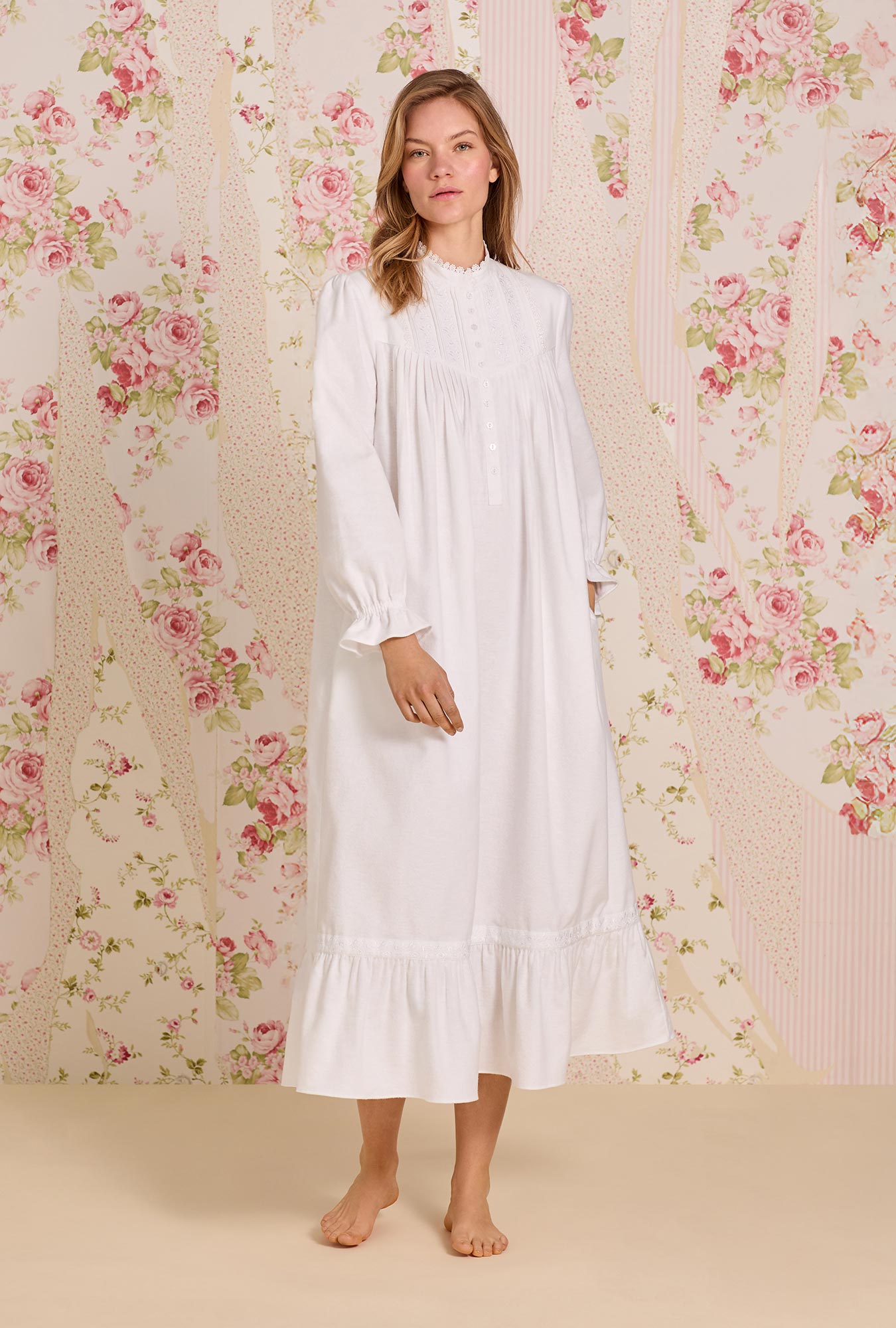 A lady wearing Iconic White Heritage Cotton Flannel Embroidery Highneck Long Nightgown