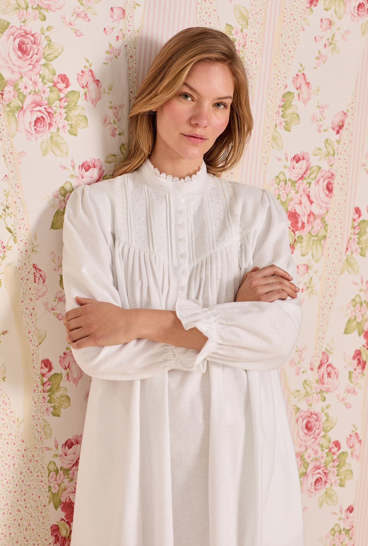 A lady wearing Iconic White Heritage Cotton Flannel Embroidery Highneck Long Nightgown