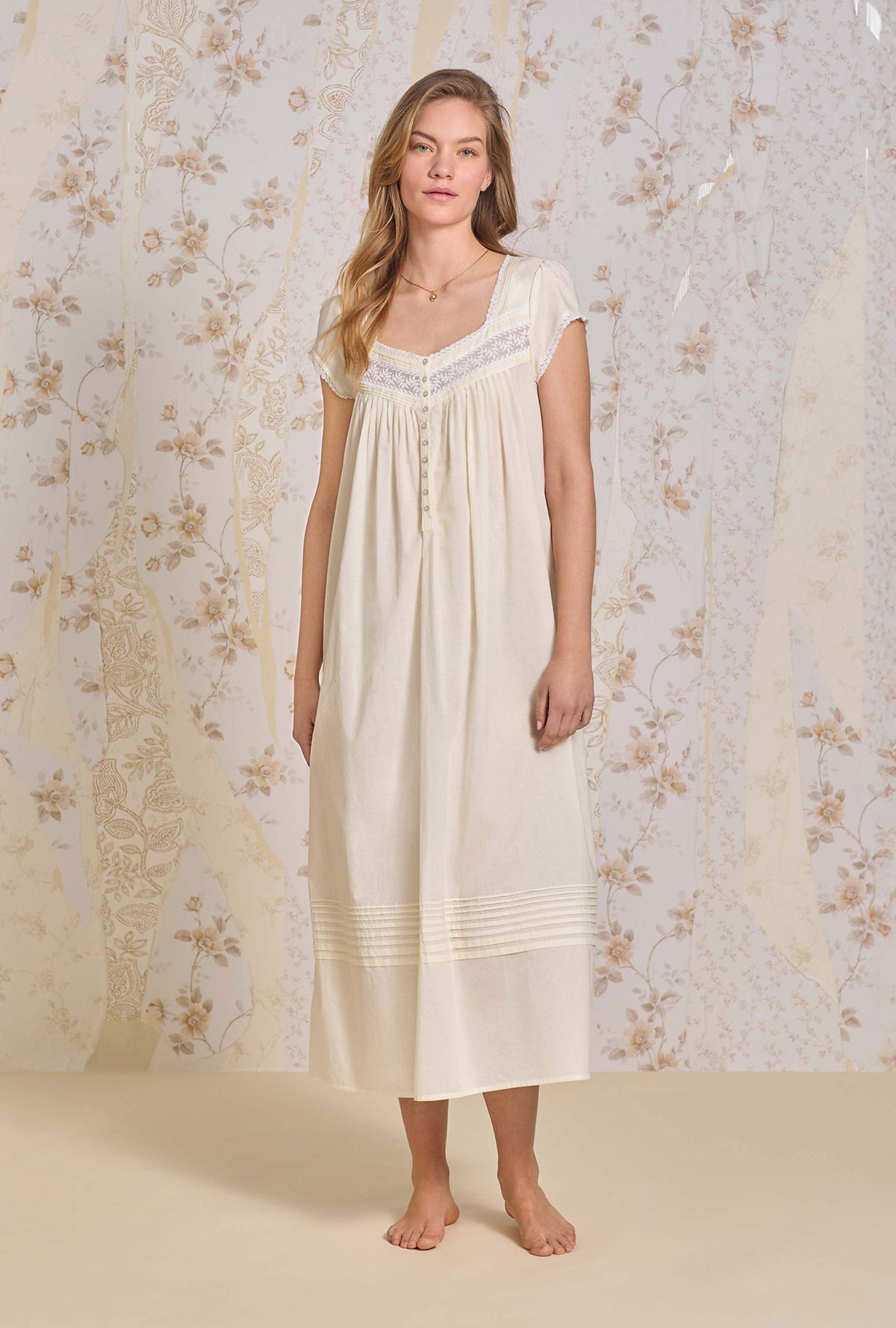 A lady wearing Butter Yellow Cotton Lawn Ballet Nightgown