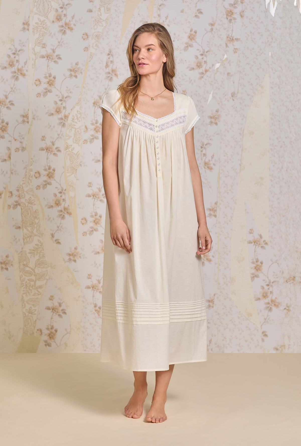 A lady wearing Butter Yellow Cotton Lawn Ballet Nightgown