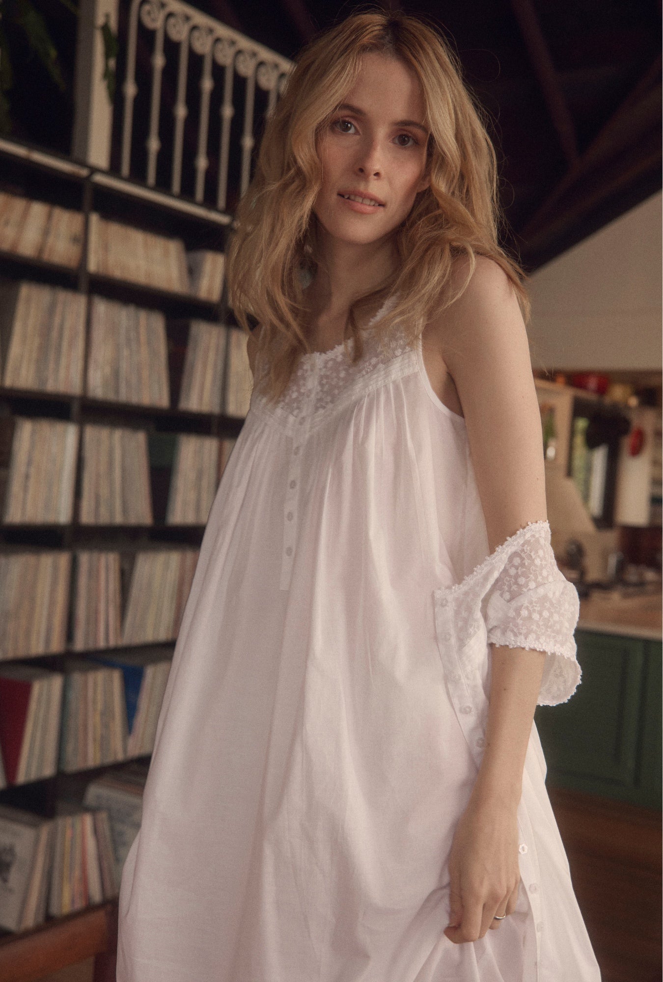 A lady wearing Lace Daydream "Eileen" White Cotton Ballet Nightgown