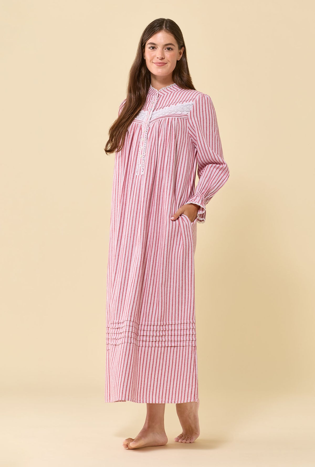 Cranberry Stripe 100% Cotton Flannel High Neck Long Sleeve Ballet Nightgown