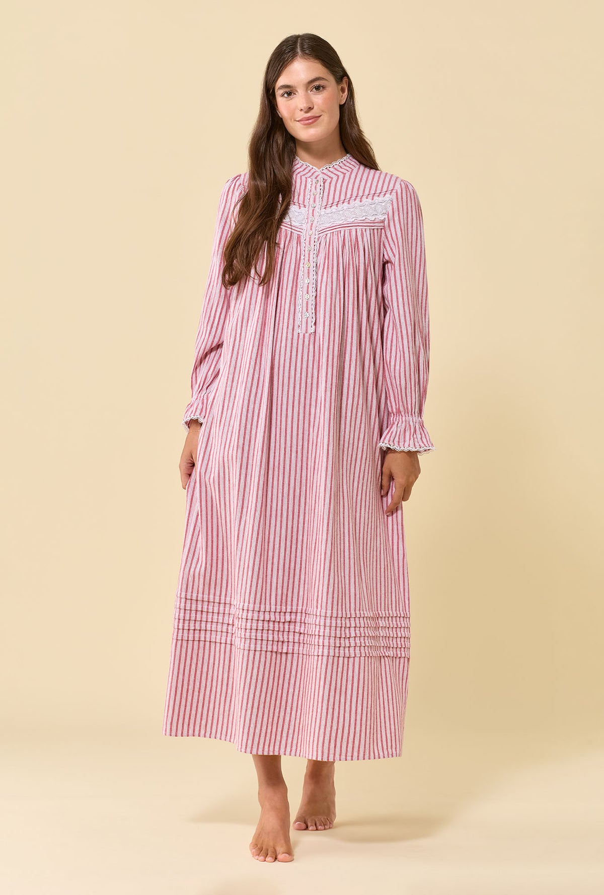 Cranberry Stripe 100% Cotton Flannel High Neck Long Sleeve Ballet Nightgown