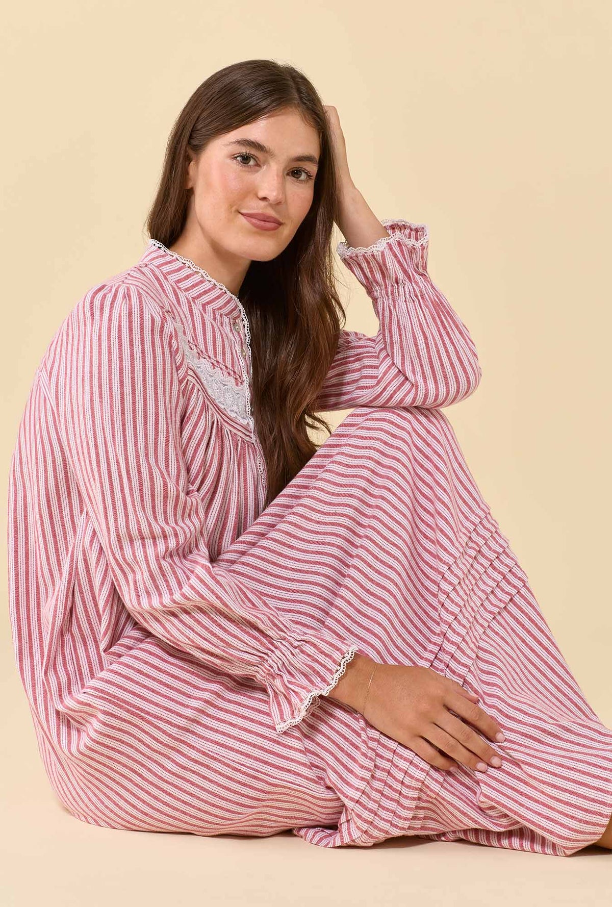 Cranberry Stripe 100% Cotton Flannel High Neck Long Sleeve Ballet Nightgown