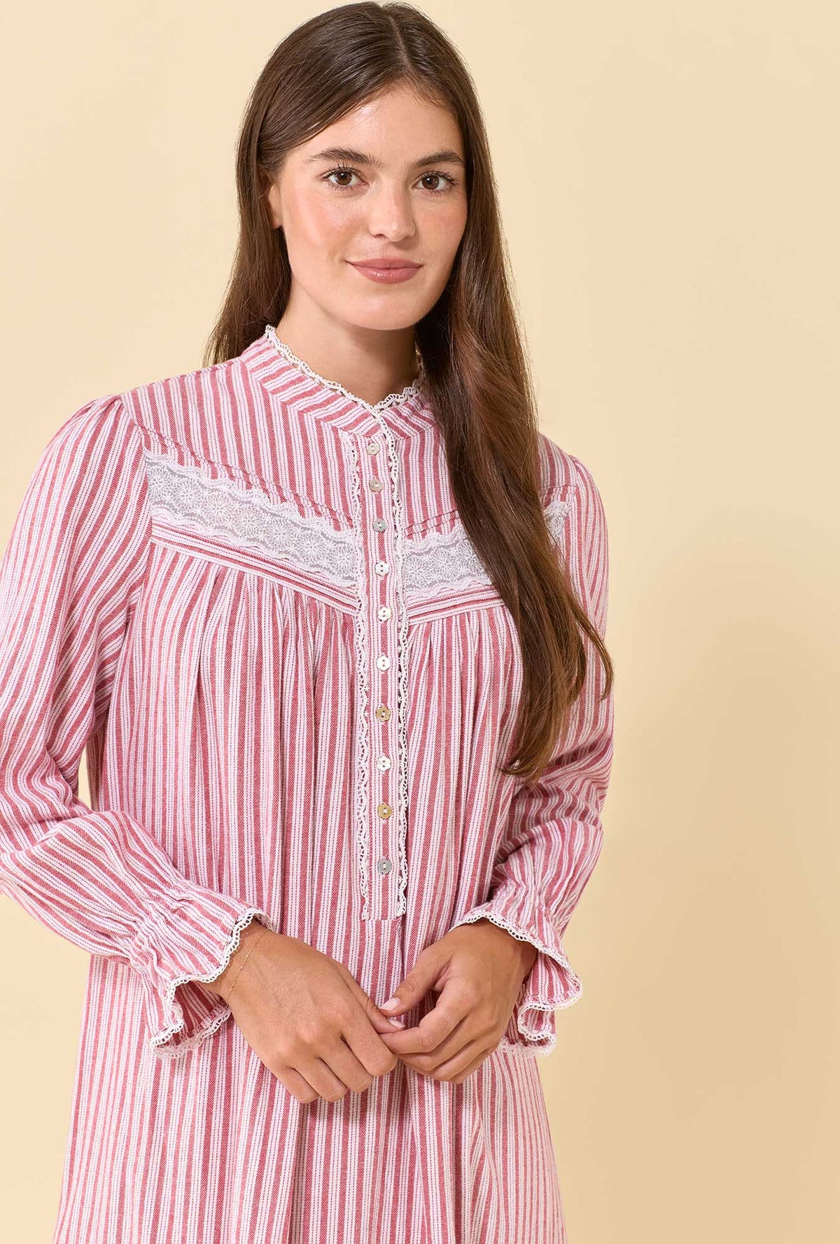 Cranberry Stripe 100% Cotton Flannel High Neck Long Sleeve Ballet Nightgown
