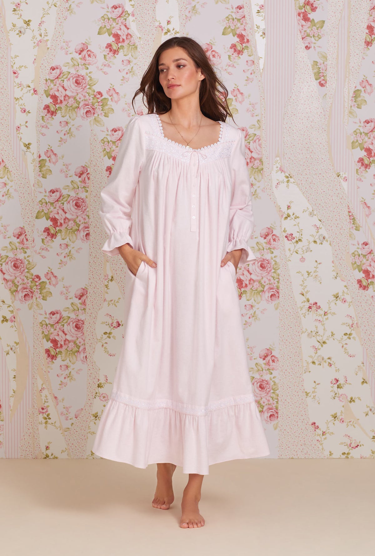 A lady wearing pink Long Sleeve Cotton Flannel Embroidery Long Nightgown 