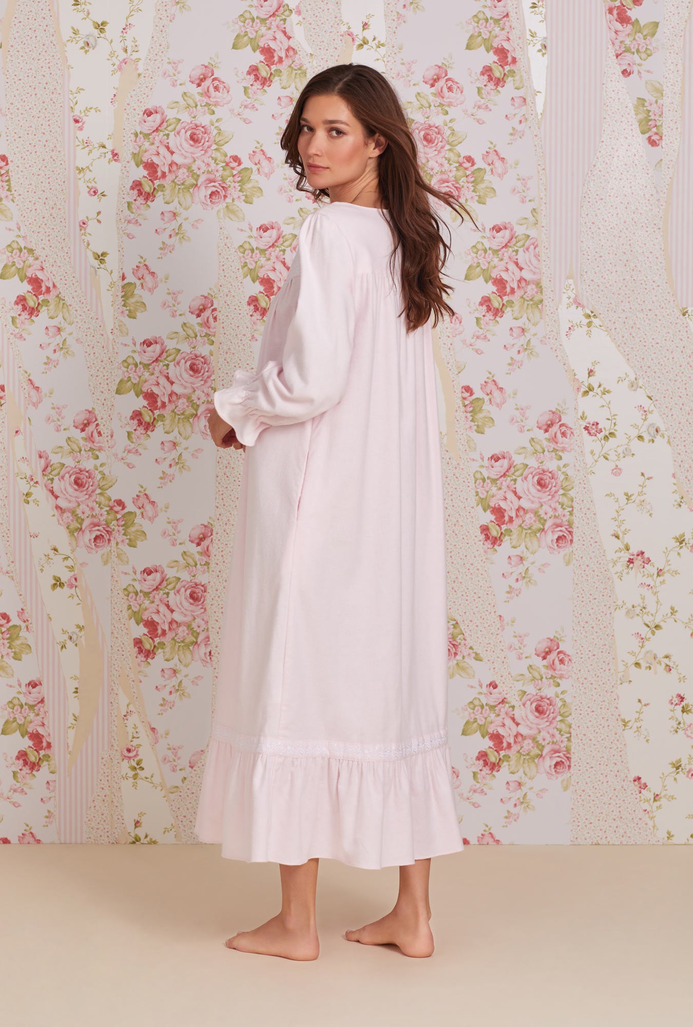 A lady wearing Blush Heritage Cotton Flannel Embroidery Long Nightgown