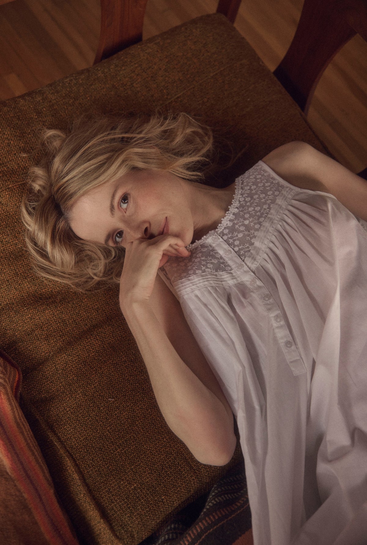 A lady wearing Lace Daydream &quot;Eileen&quot; White Cotton Ballet Nightgown