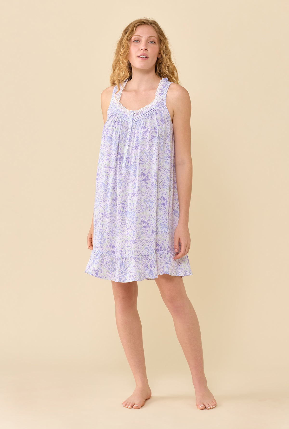 A Lady Wearing Lavender Whisper Chemise in a front facing pose with slightly mouth opened