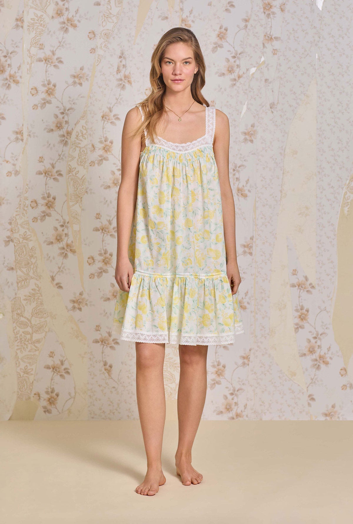 A lady wearing The &quot;Cleo&quot; Limoncello Cotton Lawn Chemise