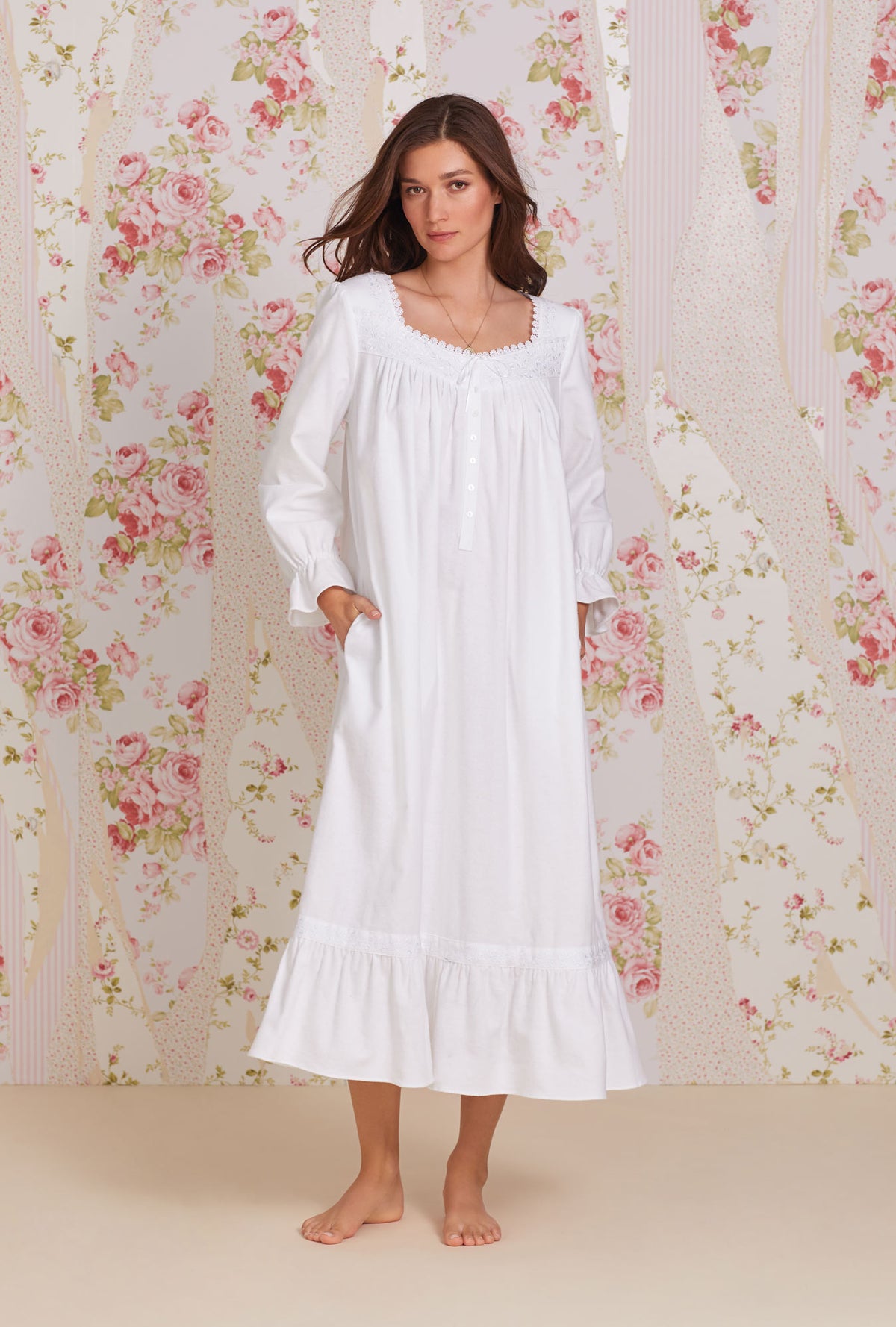 A lady wearing white Long Sleeve Cotton Flannel Embroidery Long Nightgown