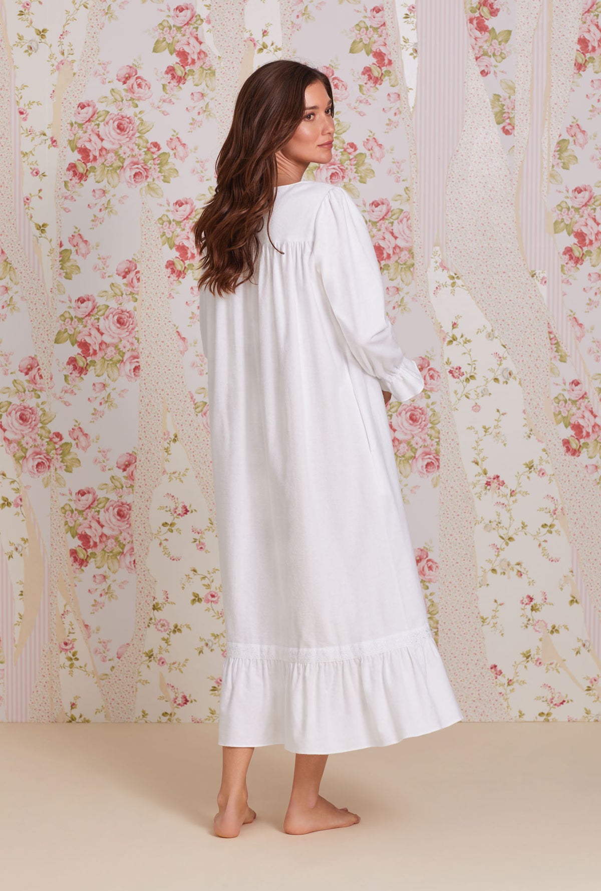 A lady wearing white Long Sleeve Cotton Flannel Embroidery Long Nightgown
