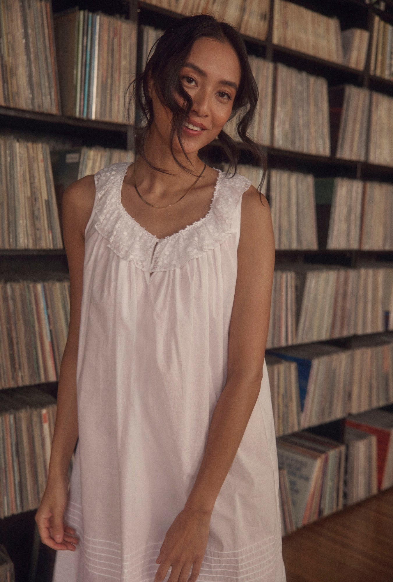 A lady wearing Lace Daydream White Cotton Ruffle Chemise