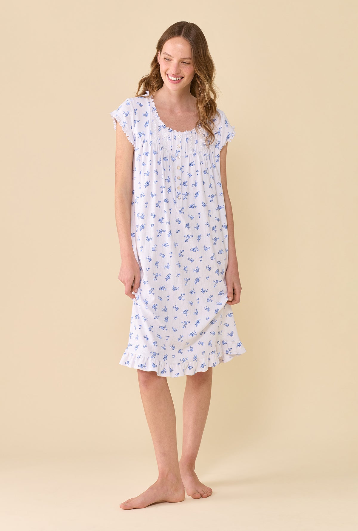 Forget-Me-Not 100% Cotton Pointelle Cap Sleeve Waltz Nightgown