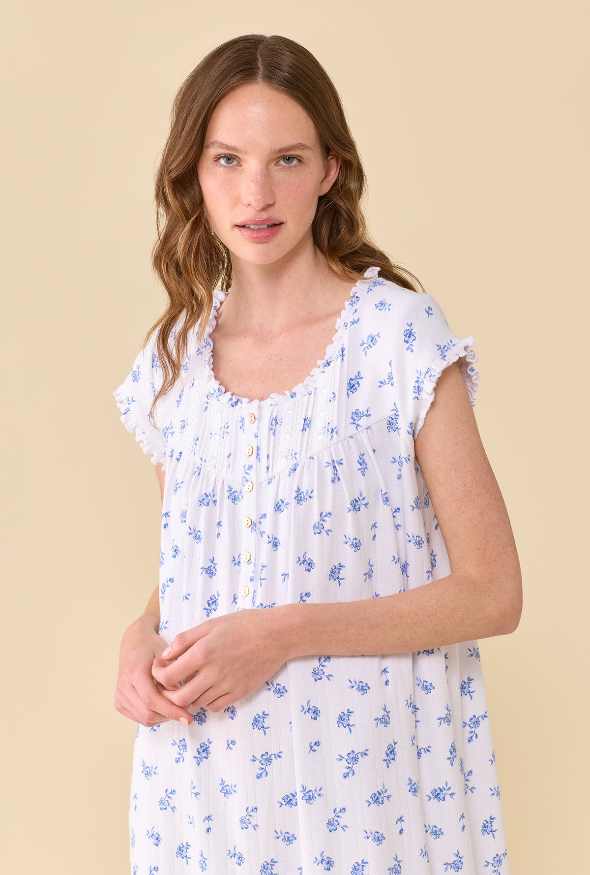 Forget-Me-Not 100% Cotton Pointelle Cap Sleeve Waltz Nightgown